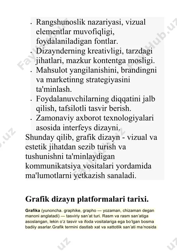 cha oq qogʻoz). grafikaning uslubiy vositalari turli-tuman: naturaga qarab tez chiziladigan xomaki chizgilar, etyud, eskizlardan tortib, to puxta oʻylab, mulohaza yuritib ishlanadigan kompozitsiyalar (biror xrlat, manzara tasvirlangan; bezak maqsadiga xizmat qiladigan; shrift kompozitsiyalari)gacha. g. asarlari, mahsulotlari tez tayyorlash imkoni, sikl va turkumlar yaratish mumkinligi, tashviqot va targʻibotga mosligi va boshqa uni tasviriy sanʼatning eng ommaviy muhim sohasiga aylantirdi. texnikasi jihatidan g. 2 turga ajratiladi: qoʻlda chiziladigan rasm va matbaada chop qilinadigan, koʻp nusxada nashr etiladigan bosma mahsulotlar (gravyura, litografiya, monotipiya va shahri k.). rangtasvir bilan g. chegarasidagi akvarel, guash, pastel rang-tasvirga ham, g.ga ham mansub boʻlishi mumkin. birinchisining tarixi juda qad. boʻlib ibtidoiy odamlar gʻor devorlariga, qoyatoshlarga chizib qoldirgan ibtidoiy sanʼat namunalaridan boshlanadi. ikkinchisi, asosan, poligrafiya rivoji bilan bogʻliq, lekin poligrafiya sanoati vujudga kelishidan ancha oldin ham xitoyda 6—7-asrlar (yevropada 14—15-asrlar)da gravyura ishlangan. litografiya esa 19-asrdagina vujudga keldi. g. ishlatiladigan asosiy sohalardan biri kitob boʻlib, oʻrta asrlarda vujudga kelgan xattotlik …