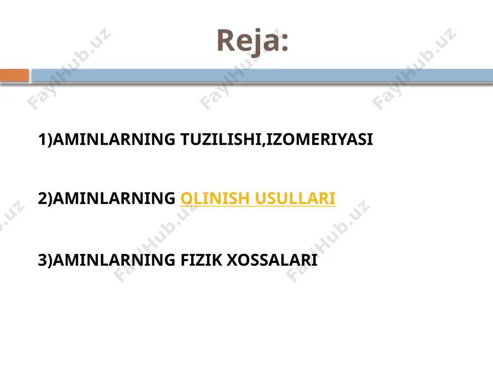 aydi. ular bo‘yoq sano-atida, plastmassalar olishda, tibbiyotda juda ko‘p qo‘llaniladigan sulfanila-mid preparatlar olishda ishlatiladi (yana qarang biogen aminlar). aromatik aminobirikmalar ham xuddi yog` qatori aminobirikmalari kabi ammiakning hosilalari hisoblanadilar. toza aromatik aminobirikmalarda aminoguruh benzol halqasidagi uglerod atomi bilan bevosita bog`langan bo`ladi. masalan: aromatik aminobirikmalar ham xuddi yog` qatori aminobirikmalari kabi ammiakning hosilalari hisoblanadilar. toza aromatik aminobirikmalarda aminoguruh benzol halqasidagi uglerod atomi bilan bevosita bog`langan bo`ladi. aminoguruhi yon zanjirda joylashgan aminobirikmalar yog` qator aminobirikmalarning xossalarini takrorlaydilar. aminoguruhi benzol halqasida joylashgan aminobirikmalar. bular birlamchi, ikkilamchi, uchlamchi aminobirikmalar ko`rinishida mavjud bo`ladilar. bundan tashqari, ular toza aromatik va alkil aromatik aminobirikmalar ko`rinishida ham mavjud bo`ladilar, masalan : c 6 h 5 -n h 2 ; c 6 h 5 n h - ch 3 va x.k. aminoguruhi yon zanjirda joylashgan aminobirikmalar yog` qator aminobirikmalarning xossalarini takrorlaydilar. aminoguruhi benzol halqasida joylashgan aminobirikmalar. bular birlamchi, ikkilamchi, uchlamchi aminobirikmalar ko`rinishida mavjud bo`ladilar. bundan tashqari, ular toza aromatik …