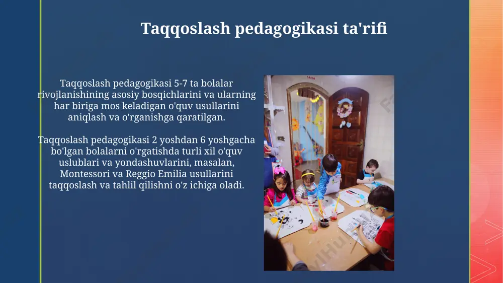 ashtirilgan o'qitish va loyiha uslubi, 3-5 yoshli bolalarni faol o'rganishga va 20% ga ko'proq bilim o'zlashtirishga undaydi. interfaol doskalar va onlayn ta'lim platformalaridan foydalanish 40% gacha dars samaradorligini oshirib, bolalarda raqamli savodxonlikni rivojlantiradi. maktabgacha ta'lim muassasalarida qo'llaniladigan dasturlarni taqqoslash maktabgacha ta'lim muassasalarida qo'llaniladigan 3 ta asosiy dastur – montessori, reggio emilia va waldorf uslublarini taqqoslash shuni ko'rsatadiki, ularning o'quv jarayoniga yondashuvi va qo'llaniladigan vositalari jihatidan sezilarli farqlar mavjud. o'rganish natijalari, 100 nafar bolani o'z ichiga olgan tadqiqot natijalariga ko'ra, montessori dasturida bolalarning mustaqil fikrlash qobiliyati 20% ga, reggio emilia dasturida esa 15% ga yuqori ekanligini ko'rsatdi. o'qituvchining roli va vazifalari o'qituvchi kamida 3 ta turli o'quv uslubini qo'llab, har bir bolaga individual yondashuvni ta'minlashi, shu bilan 5-7 nafar bolaning rivojlanishini kuzatib borishi kerak. ta'lim jarayonida o'yinlar, qo'shiqlar va hikoyalar orqali bolalarning 4 ta asosiy rivojlanish sohasini (jismoniy, kognitiv, ijtimoiy-emotsional va nutq) rag'batlantirish o'qituvchining asosiy vazifasidir. ota-onalar bilan hamkorlik ota-onalarni bolalarning …