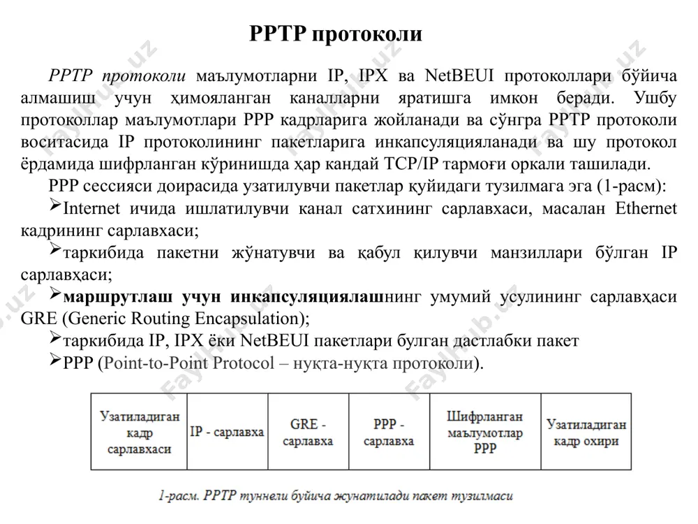 ракли ip, ipx ёки netbios форматида жўнатади. масофадаги компьютерни internetra телефон линияси бўйича провай­дер isp (internet service provider) оркали улашда туннеллаш схемасининг иккита варианти бўлиши мумкин (4-расм). масофадан фойдаланувчи компьютерини isp провайдери орцали телефон линиясидан фойдаланиб internet уланишини туннеллаш схемасининг иккита варианти l2f протоколи l2f протоколи cisco system компанияси томонидан osi моделининг канал сатхида ҳимояланган виртуал тармоқ қуриш учун, pptp протоколига альтернатива сифатида ишлаб чиқилган. l2f протоколи турли тармоқ протоколлари томонидан мададланиши билан ажралиб туради ва internet провайдерлари учун фойдаланишда анча қулай. l2f протоколи масофадаги фойдаланувчи компьютери билан провайдер сервери алоқасини ташкил этишда масофадан фойдаланишниниг турли протоколларини (ppp, slip ва б.) ишлатишга йўл қўяди. туннел орқали пакетларни ташишда ишлатилувчи очиқ тармоқ ip протоколи асосида ва бошқа, хусусан х.25 протоколи асосида ишлаши мумкин. l2f протоколи қуйидаги хусусиятларга эга: хақиқийликни текширувчи муайян протоколга катъий боғланмаганликни тахминловчи аутентификациялаш муолажаларининг мосланувчанлиги; охирги тизимлар учун шаффофлиги, яъни локаль тармоқнинг ишчи станциялари ва масофадаги тизимга ҳимоялаш …
