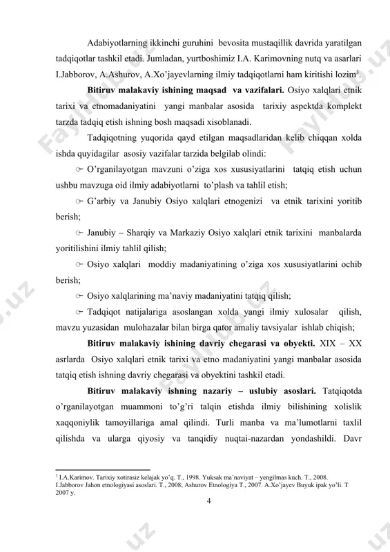 alar muhim ahamiyat kasb etadi. bitiruv malaqkaviy ishning ilmiy yangiligi: – osiyo xalqlari etnik tarixi va etnomadaniyatining yangi manbalarda yoritilishini ilk bor bitiruv malakaviy ish sifatida tadqiq qilindi; · garbiy va janubiy osiyo xalqlari etnogenizi hamda etnik tarixi yangi manbalari asosida yoritib berildi; · janubiy – sharqiy va markaziy osiyo xalqlari etnik tarixini manbalarda yoritilishi klassifikatsiya qilindi; · osiyo xalqlari moddiy ma’daniyatining o’ziga xos xususiyatlari ochib berildi; · osiyo xalqlarining ma’naviy – madaniyatini manbalardagini talqiniy yoritib berildi. bitiruv malakaviy ishning amaliy hamiyati. bitiruv malakaviy ishining tadqiqot qismi va xulosa qismida keltirilgan ma’lumotlardan umumiy o’rta maktablar, akademik litseylar, o’rta maxsus kasb – hunar kollejlarida tarix fani darslarida, o’lka tarixini o’rganishda, universtetlaridagi tarix fakultetlarida mahsus kurs ma’ruzalarini tayyorlashda foydalanish mumkin. bitiruv malakaviy ishi kirish, ikki bob, to’rt fasl, xulosa, foydalanilgan adabiyotlar ro’yhati va ilovadan iborat. bmining umumiy hajmi____betni tashkil etadi. i bob. osiyo xalqlarining etnik tarixi. i.1. g’arbiy va janubiy osiyo xalqlari …