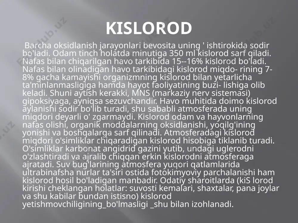 oshning ultrabinafsha nurlari ta'sirida, shuningdek, juda ko'p suv va qatronli moddalar bug'langanda (dengiz va okean qirg'oqlari, tog va o'rmonlarda) atmosferaning pastki qavatlarida oz miqdorda hosil bo'ladi. atmosfera havosida ozonning me'yor da bo'lishi uning tozaligini korsatadi. agar havoda ozon gazi 0,02 mg m³ ga yetsa, kishi organizmiga salbiy ta'sir etadi ozon inson va hayvon hayotida ijobiy taraflari bilan asqotadi. ozon inson va hayvonlarni ko'r bo'lib qolishdan asraydi azot va inert gazlar organizmda azot qon va to'qima suyuqliklarida erigan holatda mavjud bo'ladi, ammo kimyoviy reaksiyalarda ishtirok qilmaydi. biroq, azotning fiziologik roli atmosfera bosimi oshishi bilan ozgaradi bunday sharoitlarda azotning nerv-mushak koordinatsiya sining buzilishini keltirib chiqarishi va narkotik ta'sir ko rsatishi aniglangan. 100 m chuqurlikda 5 daqiqa mobaynida bo'lgan g'avvoslarda bosh aylanishi, hayajonlanish, eslab qolish qobiliya tining susayishi, gallutsinatsiya kabi hollar kuzatilgan. nafas olish uchun geliy-kislorod aralashmasini qo'llash orqali ko rsatib o’tilgan hodisalarning oldini olishga va tushish chuqurligini oshirishga imkon beradi atmosfera havosining …