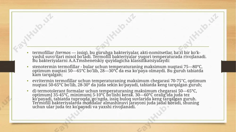 o`siqning ust qismida cho`kmalarning hosil bo`lishi yoki g`ovaklarning tiqilib qolishi mumkin. fil`trlash jarayonida hosil bo`lgan cho`kmalar siqiluvchan va siqilmaydigan moddalar bo`lishi mumkin. siqiluvchan cho`kmalar bosim ta`siri ostida g`ovaklar ichiga kirib va to`siq ustida qatlamlar hosil qilib fil`trlash qarshiligini oshirib boradi. siqilmaydigan cho`kmalar esa fil`trlash jarayonidagi qarshiligi o`zgarmay qiymatga ega bo`lib qoladi. bundan cho`kmalarga mineral holatdagi (qum, sodo va) zarrachalarning o`lchamlari 100 mkm dan kichik bo`lgan moddalar kiradi. antibiotiklar (anti-qarshi va bios–hayot) – ba’zi mikro-organizmlar (zamburugʻlar, bakteriyalar), hayvon toʻqimalari va ayrim yuksak oʻsimliklar hayot faoliyati natijasida hosil boʻladigan va turli xil mikro-blarning oʻsishi hamda rivojlanishini toʻxtatadigan organik moddalar. antibiotiklar terminini amerika olimi z. vaksman mikroblarda hosil boʻlib, boshqa mikro-blarga qarshi ta’sir etadigan moddalarga nisbatan taklif etgan. antibiotiklar kasallantiruvchi (patogen) mikroblardagi moddalar almashinuvini buzib, ularni oʻldiradi yoki oʻsishini toʻxtatadi. antibiotiklar turli mikroblarga turlicha ta’sir etadi adabiyotlar: abdullayev x.a. o’zbekiston tuproqlari. t:,1977 boboxo’jayev.i. uzoqov p. tuproqning tarkibi, xossalari va analizi. boboxo’jayev i. uzoqov …