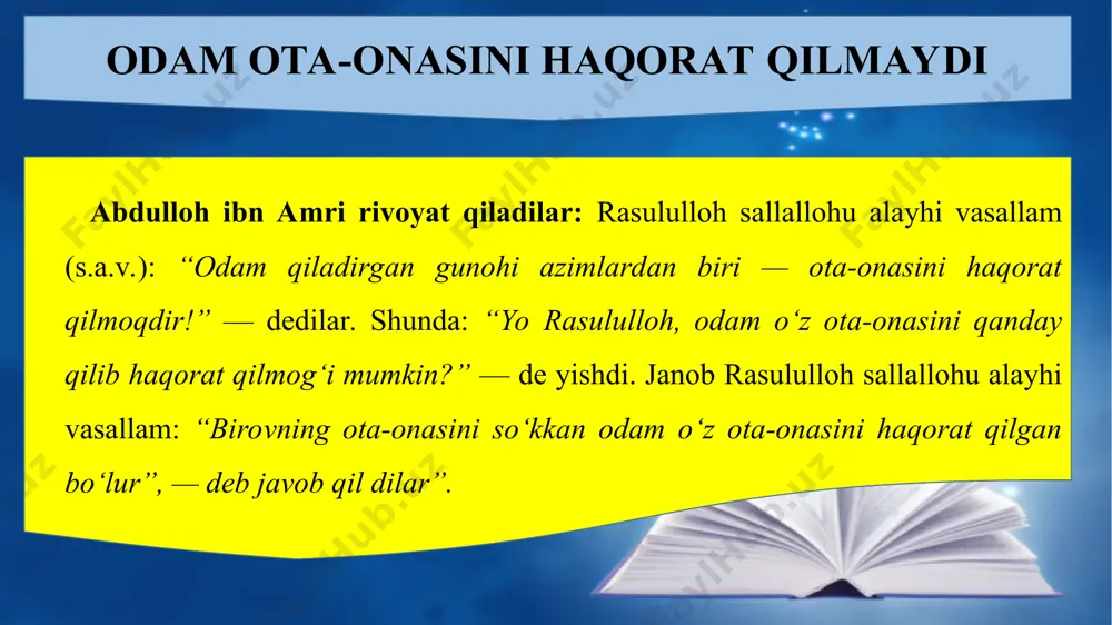 n ijtimoiy-siyosiy, ayni paytda, hamma davrlar va barcha xalqlar uchun birdek ahamiyatli ma’naviy-ma’rifiy mohiyati oydinlashadi. islomiyatga qadar arablarda qiz farzandga past nazar bilan qarash, qiz tug‘ilishidan or qilish odatiy hol edi, hatto otalar o‘z qizlarini tiriklayin ko‘mib yuborardilar. ana shunday bir sharoitda qiz bolani jannat vositachisi deb e’lon qilinishi uning jamiyatdagi mavqeyini yuksaltirdi, unga qarashni tubdan o‘zgartirdi. hadisning ma’naviy-ma’rifiy ahamiyati alohida e’tiborga molik. qizi bor odamning jannatga tushishi uchun uchta shart qo‘yilyapti. birinchisi, “odob bersa”. qiz bolani tarbiyalash g‘oyat nozik, murakkab va mas’uliyatli ish. uni iboli, hayoli, har qanday vaziyatda ham or-nomusini saqlaydigan qilib o‘stirish ota-onaning birlamchi vazifasi. bu sifatlarga ega bo‘lgan qiz oilaning, qolaversa, millatning sha’ni, iftixoridir, aks holda, u o‘z xonadonini ham, xalqini ham isnodga qoldiradi. ikkinchisi, “mehrli bo‘lsa”. ota-ona o‘g‘il farzandiga bo‘lgani kabi qiziga ham birdek mehrli bo‘lsa, unda hech qanday o‘ksiklik bo‘lmaydi, ko‘ngli butun, ruhi ba land, o‘zini to‘laqonli his etadi. shunda odobi ham, ma’naviyati ham …