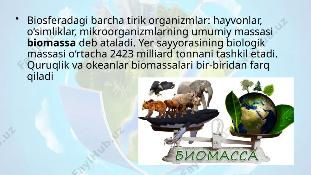 a biomassa notekis tarqalgan bo‘lib, uni asosan suvning yuza qatlamidagi plankton organizmlar tashkil etadi. okeanda fotosintez jarayoni 100 m gacha bo‘lgan yuqori qatlamlarda uchraydigan produtsentlar ishtirokida sodir bo‘ladi. fotosintezning 1/3 qismi okeanda kechadi. okeanlardagi hayvonlarning oziqlanishida planktonlarning ahamiyati juda katta. suvo‘tlari va sodda organizmlar bilan mayda qisqichbaqasimonlar oziqlanadi. okeanlarda, ayniqsa okean tubida organik qoldiqlarni anorganik moddalarga parchalovchi bakteriyalar ko‘p. o‘simlik va hayvon qoldiqlari asta-sekin okean tubiga cho‘kadi. ularning ko‘pchiligi kremniy, ohak moddadan iborat qobiq bilan yoki ohak chig‘anoq bilan qoplangan bo‘lib, okean tubida cho‘kindi jinslarni hosil qiladi. dengiz va okeanlardan neft qazib olish, uni tankerlar orqali tashish kabi inson faoliyati dunyo okeanini ifloslanishiga sabab bo‘lmoqda. dengiz va okean suvlarining ifloslanishining oldini oladigan chora-tadbirlarga rioya qilish muhim. tuproq biomassasi. tuproq nafaqat o‘simliklar o‘sishi uchun zarur muhit hisoblanadi, balki xilma-xil tirik organizmlarga ega biogeotsenoz hamdir. tuproq biomassasini tuproqda yashovchi tirik organizmlar tashkil qiladi va aynan shular tuproqning shakllanishida muhim ahamiyat kasb etadi. …