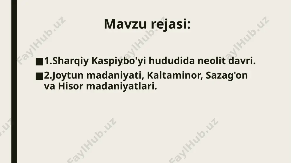 qo‘lga kiritganligini ko‘rsatdi. miloddan avvalgi vi ming yilliklar oxiri v ming yilliklar boshlari deb hisoblaydilar. xuddi shu davrda o‘rta osiyoning shimoliy va markaziy hududlarida ovchilik, baliqchilik va termachilik bilan shug’ullangan neolit davri jamoalari istiqomat qilganlar. bunday yodgorlik o‘tgan asrning 30–40 yillarida s.p.tolstov tomonidan amudaryoning quyi havzasida topildi va fanga kaltaminor madaniyati nomi bilan kiritildi. unga amudaryoning oqchadaryo o‘zanidan chiqqan qadimgi kaltaminor kanali etaklaridan topilgani uchun shu nom berilgan. kaltaminor madaniyati asosan o‘zbekiston xududida tarqalganligini sababli quyida shu haqda ko‘proq to‘xtalamiz. oqchadaryo havzasidan ko‘plab neolit davriga oid yodgorliklar topilgan bo‘lib, faqat 3-4 ta manzilgohning madaniy qatlami buzilmasdan saqlanib qolgan. bular jonbas-4, qavat-7, tolstov manzilgohi, tumek kichidjik manzilgohlaridir. kaltaminor madaniyatining 3 bosqichi aniqlandi – daryolisoy (mil.avv. vi–iv ming yilliklarga oid), jonbos (mil.avv. iv–iii ming yilliklarga oid) va saksovul (mil.avv. iii ming yillik oxiri –ii ming yillik boshlariga oid). hisor madaniyati tog’li mintaqalarda yashab, asosan hayvon ovchiligi bilan shug’ullagan qabilalar madaniyatidir. u tojikistonning …