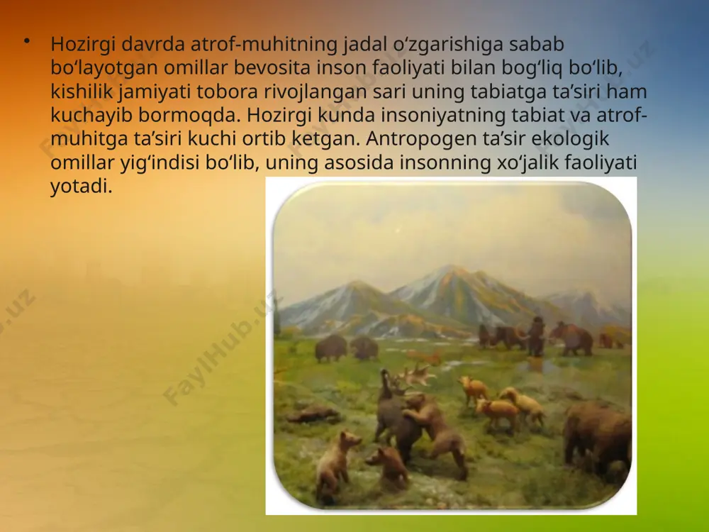 lona, rejalashtirilmasdan hayvonlarning ko‘plab ovlanishi turlar sonining keskin kamayishiga olib keladi. insonning bilvosita ta’siri iqlim, landshaftlar, atmosfera va suv havzalarining fizik va kimyoviy ko‘rsatkichlari, tuproq, o‘simliklar va hayvonot dunyosini o‘zgartirish orqali amalga oshiriladi. bilvosita ta’sirda inson tabiatning muayyan obyektiga emas, balki boshqa obyektlarga ta’sir qiladi. zararkunandalarga qarshi zaharli kimyoviy moddalarning qo‘llanilishi boshqa hasharotlarning hamda tuproqda yashovchi hayvonlarning ham nobud bo‘lishiga olib keladi. bunday kimyoviy moddalarning tuproqdagi va o‘simliklardagi qoldiqlari oziq-ovqat mahsulotlari orqali odam salomatligiga ham ta’sir qiladi. cho‘llarni o‘zlashtirish, o‘rmonlarni kesish, pichan o‘rish va mol boqish, suv, tuproq va havoni sanoat chiqindilari, zaharli kimyoviy moddalar, sanoat va maishiy chiqindilar bilan ifloslantirish kabi antropogen omillar tabiatga salbiy ta’sir ko‘rsatadi. yer yuzida ko‘plab hayvon turlari inson ishtirokisiz ham qirilib ketgan. lekin tabiatda bu jarayon asta-sekin amalga oshadi, ya’ni qirilgan hayvon turlarining o‘rnini yangi, muhit sharoitiga nisbatan ko‘proq moslashgan turlar egallab ulguradi. insonning o‘simlik va hayvonot dunyosiga kuchli ta’siri turlarning qirilish jarayonini tezlashtiradi. …