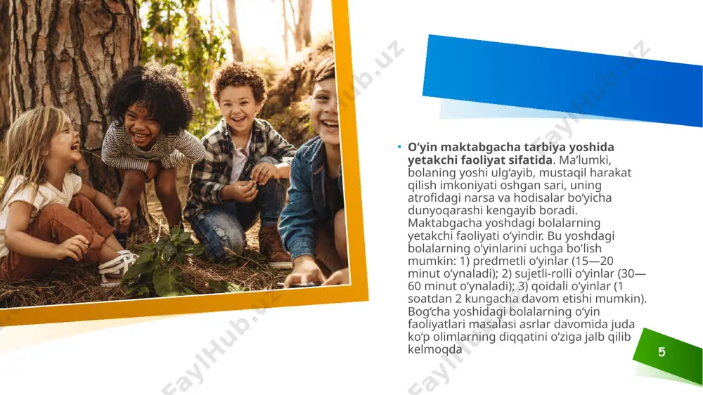 ib chiqaradi. katta yoshdagi odamning yuragi esa bir marta qisqarishda 60 kub/ sm dan ortiqroq qon siqib chiqaradi. maktabgacha yoshdagi davrda yurakning nisbatan tezroq ishlashi tufayli bolaning qon bosimi katta kishilarga nisbatan biroz kuchliroq bo‘ladi. 10 rus fiziologlari n.i. krasnogorskiy va a.g. ivanov-smolenskiylar tomonidan ko‘plab o‘tkazilgan tajribalar- ning ko‘rsatishicha, mtt yoshidagi bolalarning nerv sistemalari o‘z faoliyati jihatidan hali qat’iy bir izga tushmagan, o‘zgarib turadigan bo‘ladi. markaziy nerv sistemasi faoliyat­ining o‘zgaruvchanligi xususan ilk yoshda ravshan ko‘rinadi. masalan, bu yoshdagi bolalarda qo‘zg‘alish jarayoni tormozlanish jarayonidan ustunlik qiladi. mana shuning uchun ham bu yoshda bolalar juda serharakat va o‘ta hayajonlanuvchan bo‘ladilar. bog‘cha yoshidagi bolalarning psixik jihatdan rivojlanishlarida ularda paydo bo‘ladigan xilma-xil ehtiyoj va qiziqishlar juda katta ahamiyatga ega. chunki, ehtiyoj va qiziqishlar bolalarni u yoki bu harakatga undovchi, ularni ishga soluvchi stimul (omil) hisoblanadi. bog’chagacha tarbiya yoshidagi bolalarning hissiyotlarida ham anchagina o’zgarishlar yuzaga keladi. boladagi birinchi xis-tuyg’ular ovqatlanish, uxlash va issiqlik kabi biologik …