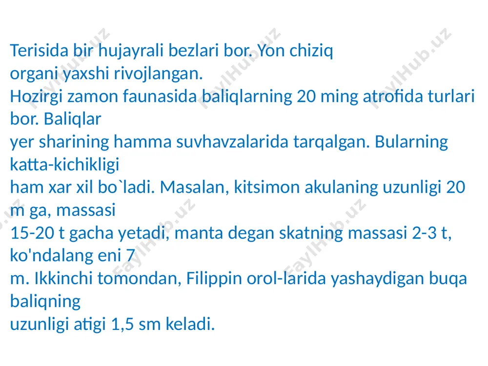 g ensa bo`limiga tananing birinchi umurtqasi birikadi. miya qutisining tepa qopqog`faqat tog`aydan tuzilgan, oldingi qismidagina katta teshik –oldingi fontanel bor. bosh miyani orqa tomondan ensa o`rab turadi. bu bo`limda katta ensa teshigi bo`ladi. bosh miya ensa teshigi orqali orqa miya bilan qo`shiladi. eshituv kapsulalari ko`z kosasining orqasida, eshituv bo`limining yon devorlariga joylashgan. ko`z soqqalari joylashgan chuqurcha – ko`z kosalari miya quttisi oldingi qismining ikki yonida o`rnashgan. miya qutisining ensa bo`limiga tananing birinchi umurtqasi birikadi. ko`pchilik akulalarda kopulalar qo`shilib, bitta toq plastinkaga aylangan, bu hol jabra apparatining ostki tomondan mustahkam bo`lishini ta`minlaydi. jabra yoyining ostida til osti yoyi boshqacha aytganda gioid yoyi bor, odatda u faqat ikki juft va bitta toq tog`aylardan iborat bo`ladi. til osti yoyining ustki juft elementi boshqa bo`laklarga qaraganda katta bo`lib, giomandibulyar tog`ay, uning ostidagi juft tog`ay giod tog`ay o`ng va chap giodlarni pastki tomondan o`zaro biriktiruvchi toq tog`ay esa kopula deb ataladi. miya quttisining eshitish bo`limiga …