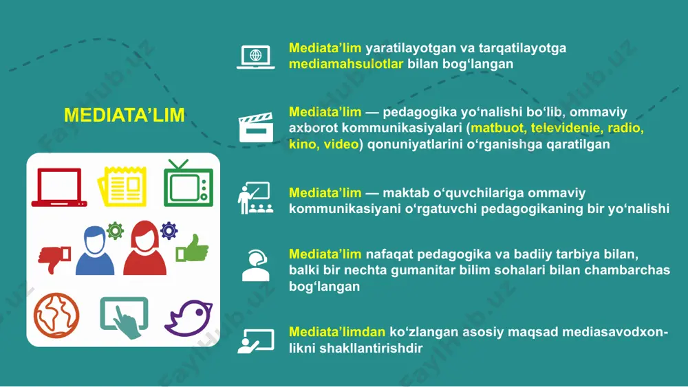 o‘zi bilmagan holda boshqarishlarining oldini olish uchun nima qilish mumkin? turli salbiy birlashmalar va guruhlar tuzog‘iga qanday tushib qolmaslik mumkin? ushbu savollarga javoblarning kaliti – bu tanqidiy fikrlash media iste’molida tanqidiy fikrlashni qo‘llash 5w+h metodikasi kim? qachon? nima uchun? nima? qanday qilib? qayerda? imvain usuli independence — mustaqillik multiplicity — ko‘plik verification — verifikatsiya, tekshirish avtoritativeness — nufuz named sources — nomlangani imvain manbalarni tekshirishga yordam beradi. agar manba mustaqil bo‘lmasa, tasdiqlanmagan, keltirilmagan va nomlanmagan bo‘lsa, unda materiallar manba bazasi nuqtayi nazaridan ishonchsiz deb hisoblanishi mumkin zamonaviy tadqiqotchilardan biri r.ennis tanqidiy fikrlashga doir asosiy va eng muhim komponentlarni quyidagicha ifodalashni taklif etadi: 01 aniq ifoda 02 asoslarni qidirish 03 chuqur xabardor bo‘lishga harakat qilish 04 asoslar yetarli bo‘lmaganda bahsga kirishmaslik 05 muqobillarni izlash 06 o‘tkir aql mediata’lim asoschilaridan biri s.fren fikriga ko‘ra, “masalan, siz surat chizishni bilmasangiz va rasm tomosha qilsangiz, bu boshqa masala. agar surat chiza olsangiz va boshqa …