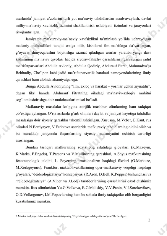 a avloniy, abdulla qodiriy, abdurauf fitrat, mahmudxo’ja behbudiy, cho’lpon kabi jadid ma’rifatparvarlik harakati namoyondalarining ilmiy qarashlari ham alohida ahamiyatga ega. bunga abdulla avloniyning “ilm, axloq va harakat – yoshlar uchun ziynatdir”, degan fikri hamda abdurauf fitratning oiladagi ma’naviy-axloqiy muhitni sog’lomlashtirishga doir mulohazalari misol bo’ladi. mafkuraviy masalalar ko’pgina xorijlik mashhur olimlarning ham tadqiqot ob’ektiga aylangan. o’rta asrlarda g’arb olimlari davlat va jamiyat hayotiga tahdidlar masalasiga doir siyosiy qarashlar takomillashtirilgan. xususan, m.veber, e.kant, rus olimlari n.berdyayev, v.fedotova asarlarida mafkuraviy tahdidlarning oldini olish va bu murakkab jarayonda fuqarolarning siyosiy madaniyatini oshirish zarurligi asoslangan. bundan tashqari mafkuraning soxta ong sifatidagi g’oyalari (k.maxeym, k.marks, f.engels), t.parsons va v.mullinsning qarashlari, a.shyus mafkurasining fenomenologik talqini, l. foyerning irratsionalizm haqidagi fikrlari (g.markuze, m.xorkgeymer), frankfurt maktabi vakillarining oper-mafkuraviy voqeligi haqidagi g’oyalari, “deideologizatsiya” konsepsiyasi (r.aron, d.bell, k.popper) tushunchasi va “reideologizatsiya” (a.viner va j.lodj) tarafdorlarining qarashlarini qayd etishimiz mumkin. rus olimlaridan yu.g.volkova, b.c.maliskiy, v.v.panin, v.i.sorokovikov, o.d.volkogonov, i.m.popovlarning ham bu sohada ilmiy …