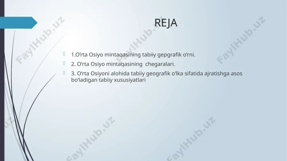 kning o‘rtasida, dengiz va okeanlardan uzoqda joylashganligi sababli juda qurg‘oqchil o‘lkadir. chegaralar: shunday qilib, o‘rta osiyo o‘lkasi chegaralarini quyidagicha belgilash mumkin. g‘arb tomonda kaspiy dengizi qirg‘oqlari chegara bo‘ladi. shimoli-g‘arbiy chegara emba daryosining quyar joyidan janubroqdan boshlanib, ustyurt platosi shimoliy chinklari bo‘ylab o‘tadi va mug‘ojar tog‘larining janubiy etaklarigacha boradi. bu chegara sharqiy yevropa platformasi bilan yosh òuron platformasi chegarasiga to‘g‘ri keladi. chegara 58° sharqiy uzunlik va 48° shimoliy kenglikkayetgandan keyin shimolga, shimoli sharqqa burilib qustonoygacha davom etadi va undan ayirtovga boradi. so‘ngra chegara sharq va janubi sharqqa tomon qozog‘iston pasttog‘larining shimoliy etaklari bo‘ylab davom etib, qozog‘iston — xitoy chegarasida savir tog‘larining shimoliy etagiga keladi. o‘rta osiyoni alohida tabiiy geografik o‘lka sifatida ajratishga asos bo‘ladigan tabiiy xususiyatlari quyidagilar: 1. o‘rta osiyo okeanlardan uzoqda, materikning o‘rtasida joylashgan. eng yaqin okean — hind okeanigacha bo‘lgan masofa 1000 km dan ortiq. 2. iqlimi — qishi ancha sovuq, yozi issiq, yog‘in kam bo‘lgan keskin kontinental iqlim. …