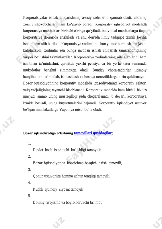 da iqtisodiyotning davlat sektoridan koʻra xususiy sektoriga koʻproq eʼtibor beriladi. iqtisodiyotning ijtimoiy yoʻnalishini bozorning oʻzi belgilaydi. har bir iqgisodiyot subʼyekti bozor qoidasiga koʻra ishlab topgan daromadini oladi, davlat daromadlarning taqsimlanishiga kamdankam aralashadi, lekin daromadlarni shakllantirishda bozor tamoyillariga rioya etilishini, bozor mexanizmining belgilangan tartibda faoliyat koʻrsatishini taʼminlaydi. ijtimoiy bozor xujaligi modeli germaniya, shvesiya va boshqa mamlakatlarda mavjud.korporativ iqtisodiyot modeli — korporativ manfaatlar va korporativ hamjihatlikka asoslangan bozor iqtisodiyoti boʻlib, ilgʻor texnologiya, yetuk ish kuchidan foydalanib mehnat unumdorligi va aholi jon boshiga mahsulot ishlab chiqarishni koʻpaytiradi. asosiy eʼtibor korporativguruhiy manfaatlarga qaratiladi, iqtisodiyot korporatsiyalar orqali boshqariladi. korporatsiyalar aksiyador jamiyatlar tarzidagi turli sanoat, savdo, transport, qurilish sohasidagi birlashmalarga aylanadi, ularning baʼzilari hatto transmilliy korporatsiyalar darajasigacha oʻsib, xalqaro ahamiyat kasb etadi. korporatsiyalar ishlab chiqarishning asosiy sohalarini qamrab oladi, ularning xorijiy shoxobchalari ham koʻpayib boradi. xususiy mulkning korporativ shakli ustuvorlik qiladi. korporativ iqtisodiyot modelida korporatsiya manfaatlari birinchi oʻringa qoʻyiladi, individual manfaatlarga faqat korporatsiya doirasida erishiladi va …