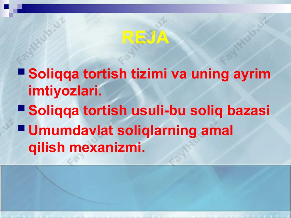 q stavkasi doimiy bo`lib, soliq summasi soliq bazasi (sotish aylanmasi)ning o`zgarishiga proporsional ravishda o`zgaradi. progressiv soliqqa tortish (jismoniy shaxslardan olinadigan daromad solig`i). soliq bazasi (daromad)ning ortib borishi bilan soliq stavkasi ham ko`tarilib boradi, soliq summasi esa o`sib boruvchi sur’atlarda (progressiv) ortib boradi. 100 200 300 soliq summasi stavkasi, 20% sotish aylanmasi, mln. so`m, stavkasi 20% 6 10 22% 17% soliq stavkasi 12% eng kam ish haqi, barobar soliq summasi soliqni undirish usullari 1) daromadni, mol – mulklni olgandan keyin undirish (deklaratsiya usuli ); 2) daromadni olishdan oldin undirish (to`lov manbaida ushlab qolish usuli); 3) mol-mulk yoki boshqa boylikdan olinishi mumkin bo`lgan daromadni tashqi belgilari asosida aniqlab, undan soliq undirish (kadastr usuli). soliq (to`lov) ni hisoblash mexanizmi–soliq (to`lov) davri uchun soliq (to`lov) bazasi, stavkasi, imtiyozlaridan kelib chiqqan holda uning summasini hisoblab chiqarish tartib-qoidasi. yuridik shaxslardan olinadigan foyda solig`i bevosita soliqlardan biri bo`lib, respublika markaziy byudjetiga tushadi va shuning uchun u umumdavlat …