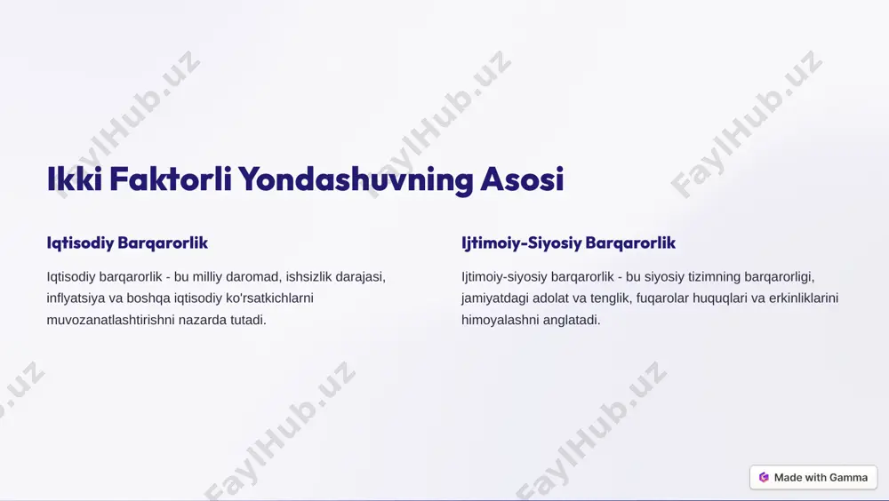 g holatini to'liqroq tasvirlashga imkon beradi. samarali siyosat yaratish ikki faktorli yondashuv, jamiyat rivojlanishi uchun samarali siyosatni shakllantirishga yordam beradi. turli soha vakillarini birlashtirish iqtisodchilar, ijtimoiy olimlar, siyosatchilar va boshqa mutaxassislarni birgalikda ish olib borishga undaydi. https://gamma.app/?utm_source=made-with-gamma ikki faktorli yondashuvdagi kamchilikar 1 o'lchov murakkabligi ikki faktorni aniq o'lchash, ularning o'zaro bog'liqligini aniqlash qiyin bo'lishi mumkin. 2 turli ko'rsatkichlarni hisobga olish har bir faktorni o'lchash uchun turli ko'rsatkichlarni hisobga olish, natijalarni tahlil qilishni murakkablashtirishi mumkin. 3 siyosiy ta'sirlar siyosiy ta'sirlar, ikki faktorli yondashuvni amaliyotga joriy etishga to'sqinlik qilishi mumkin. https://gamma.app/?utm_source=made-with-gamma ikki faktorli yondashuvni amaliyotga joriy etish 1 ma'lumotlarni yig'ish iqtisodiy va ijtimoiy-siyosiy barqarorlikka ta'sir etuvchi omillarni aniqlash uchun ma'lumotlar to'plash kerak. 2 tahlil qilish to'plangan ma'lumotlarni tahlil qilib, ikki faktor o'rtasidagi bog'liqlikni aniqlash kerak. 3 siyosatni shakillantirish ikki faktorli yondashuv asosida, jamiyat rivojlanishi uchun samarali siyosatni shakllantirish kerak. 4 natijalarni baholash siyosatning samaradorligini baholash va kerak bo'lganda uni qayta ko'rib chiqish …
