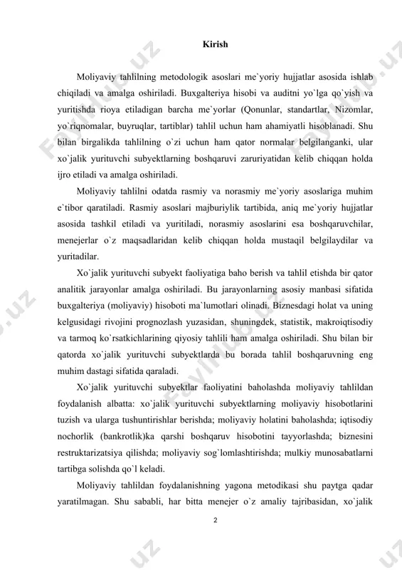 di, norasmiy asoslarini esa boshqaruvchilar, menejerlar o`z maqsadlaridan kelib chiqqan holda mustaqil belgilaydilar va yuritadilar. xo`jalik yurituvchi subyekt faoliyatiga baho berish va tahlil etishda bir qator analitik jarayonlar amalga oshiriladi. bu jarayonlarning asosiy manbasi sifatida buxgalteriya (moliyaviy) hisoboti ma`lumotlari olinadi. biznesdagi holat va uning kelgusidagi rivojini prognozlash yuzasidan‚ shuningdek, statistik, makroiqtisodiy va tarmoq ko`rsatkichlarining qiyosiy tahlili ham amalga oshiriladi. shu bilan bir qatorda xo`jalik yurituvchi subyektlarda bu borada tahlil boshqaruvning eng muhim dastagi sifatida qaraladi. xo`jalik yurituvchi subyektlar faoliyatini baholashda moliyaviy tahlildan foydalanish albatta: xo`jalik yurituvchi subyektlarning moliyaviy hisobotlarini tuzish va ularga tushuntirishlar berishda; moliyaviy holatini baholashda; iqtisodiy nochorlik (bankrotlik)ka qarshi boshqaruv hisobotini tayyorlashda; biznesini restruktarizatsiya qilishda; moliyaviy sog`lomlashtirishda; mulkiy munosabatlarni tartibga solishda qo`l keladi. moliyaviy tahlildan foydalanishning yagona metodikasi shu paytga qadar yaratilmagan. shu sababli, har bitta menejer o`z amaliy tajribasidan, xo`jalik yurituvchi subyektining faoliyat va boshqaruv xususiyatlaridan, axborot manbalarining hajmidan kelib chiqqan holda alohida metodik ishlanmalardan foydalanadilar. xo`jalik …