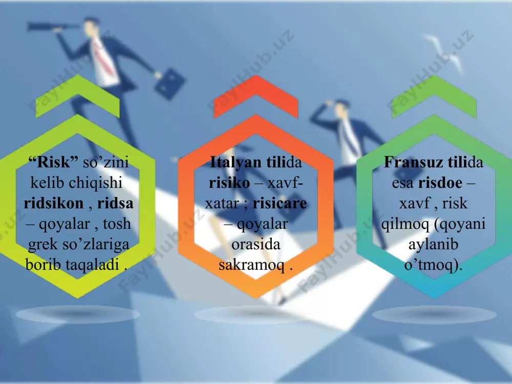 qilish. loyiha ishtirokchilari o'rtasida risklarni taqsimlash. o'z-o'zini sug'urtalash (ichki sug'urta). sug'urta. himoya qilish. risk darajasini minimallashtirishning boshqa usullari. risklarni professional tarzda boshqarishni o'rganish uchun siz "qo'lingizni to'ldirishingiz" va muayyan tajriba to'plashingiz kerak - bu kuch va vaqt talab etadi. birinchidan, ko'proq, keyin esa-kichikroq. eng muhimi, risklarni boshqarish texnologiyasini asta-sekin amalga oshirishni boshlashdir. uni qo'llash uchun maxsus kunni ajratib ko'rsatish, biror hodisa yoki kayfiyatni kutish shart emas. xatarlarni boshqarish orqali biz o'z ishining sifatini ta'minlaymiz va aksincha, sifatni ta'minlaymiz, biz xavfni boshqaramiz. xatarlarni boshqarish natijasi sizning mahsulotingiz sifatining kafolati,me'yoriy talablarga rioya qilish kafolati, barqaror foyda kafolati va shuning uchun bizning barqarorligimiz kafolati. xulosa : foydalanilgan adabiyotlar ro’yxati : в. м. гранатуров ,,экономический риск : сущность , методы , измерения , пути снижения “ учебное пособие москва-1999 г. е. в. цветкова , и. о. арлюкова ,, риски в экономической деятельности“ санкт-петербург-2002 г. google.com . vikipediya.org elektron sayti . https://studfiles.net/preview/1841918/ http://vcs-ist.org/informatsiya/novosti/upravlenie-riskami/ image2.png image3.jpeg …
