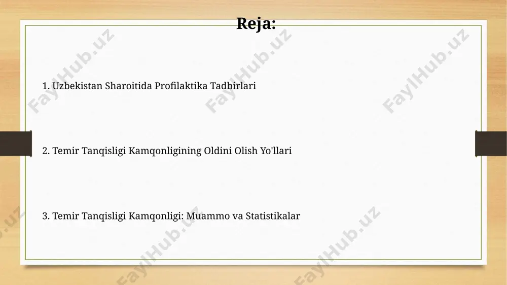 salan, farg'ona vodiysida yetishtiriladigan shirin qalampir va pomidor kabi c vitaminiga boy ovqatlarni temirga boy mahsulotlar bilan birga iste'mol qilish tavsiya etiladi. temir tanqisligi kamqonligining alomatlari temir tanqisligi kamqonligining dastlabki alomatlaridan biri, ayniqsa, 15-25 yosh oraligʻidagi toshkentlik ayollarda, charchoq va kuchsizlikning kuchayishi hisoblanadi, bu kundalik faoliyatga salbiy taʼsir qiladi. uzbekistonning qishloq hududlarida yashovchi 30 yoshdan oshgan ayollarda temir tanqisligi kamqonligi soch toʻkilishi, tirnoqlarning moʻrtlashuvi va ogʻiz burchaklarining yorilishi bilan namoyon boʻlishi mumkin. temir tanqisligi kamqonligining diagnostikasi namangan viloyatida 1000 ga yaqin ayollarda o'tkazilgan skrining tekshiruvlarida, past gemoglobin darajasi va transferrin retseptorlari sathi temir tanqisligi kamqonligini aniqlashda yordam beradi. temir tanqisligi kamqonligini aniqlash uchun qashqadaryo viloyatida 2022-yilda o'tkazilgan tadqiqotlar shuni ko'rsatdiki, qonning umumiy tahlili va ferritin darajasini aniqlash asosiy diagnostika usullari hisoblanadi. hayot tarzini o'zgartirish farg'ona vodiysida yashovchi ayollarning 20% dan ortig'i kunlik ratsionida 10 mg dan kam temir iste'mol qiladi, bu esa temir tanqisligi anemiyasi xavfini oshiradi. toshkent shahrida yashovchi …