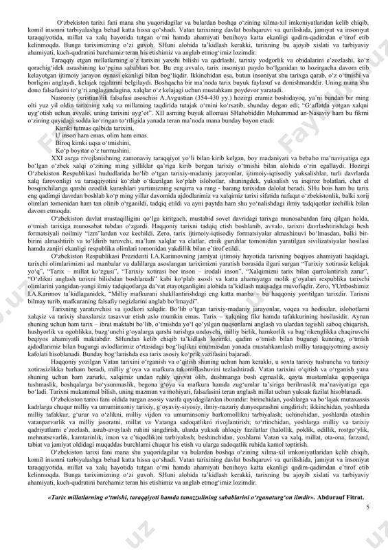 lariga asoslanib davrlashtirish masalasida olimlar orasida hamon bahslar davom etmoqda. bu masala yuzasidan, xususan, eng qadimgi davrlardan bugungi kunga qadar bo‘lgan tariximizni davrlashtirishda e’tibor berilishi lozim bo‘lgan tarixiy-madaniy jarayonlar, masalaga sivilazitson yondoshuv, davrlashtirishning metodologik asoslari kabilarga a.asqarov, e.rtveladze, a.sagdullaev va boshqa olimlar e’tibor qaratgan bo‘lishlariga qaramay, davrlashtirish masalalari to‘la echimini topmagan. so‘nggi yillarda amalga oshirilgan tadqiqotlardan kelib chiqib, o‘zbekiston tarixini davrlashtirish masalalariga ham qisqacha to‘xtalib o‘tishni lozim topdik. chunki, o‘rganilayogan tarixni avvalo, xronologik izchillikda davrlarga bo‘lib, har bir davrning o‘ziga xos xususiyatlarini hisobga olib darslik nuqtai nazaridan ma’ruzalar belgilash hamda dars soatlarini taqsimlash maqsadga muvofiqdir. qanchalik sodda ko‘rinmasin, ushbu jihat ham murakkab masala hisoblanagan tarixni to‘g‘ri davrlashtirishni talab etadi. masalaning eng muhim tomoni esa, yoshlarimizga ilmiy asoslangan davrlashtirish asosida tarix fanidan ta’lim berishdir. yuqorida ta’kidlanganimizdek, mustaqillik davriga kelib, haqqoniy tariximizni yaratish borasida olib borilgan tadqiqotlar tufayli sovet davri mafkurasiga asoslangan besh bosqichli formatsion davrlashtirish inkor etildi. qadimgi tarixni davlashtirish masalasida …