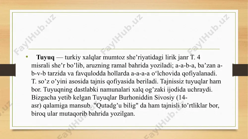 arida uchraydi. xv asrning birinchi yarmi omonimlar asosidagi tuyuq janri eng ko‘p qo‘llangan davr bo‘lib, lutfiy ijodida 70 tani tashkil etgan. xv asrning birinchi yarmi omonimlar asosidagi tuyuq janri eng ko‘p qo‘llangan davr bo‘lib, lutfiy ijodida 70 tani tashkil etgan. tuyuq janri, tajnis, iyhom kabi badiiy san’atlar alisher navoiy va undan keyingi davr adabiyotida ham keng qo‘llangan. xx asr boshlaridan elbek tomonidan omonimlar lug‘atining yaratilishi (1934-yilda) bunday so‘zlarning shu davrlarda ham faol qo‘llanganidan dalolat beradi. omonimiyani ilmiy asosda o‘rganish xv asrning ikkinchi yarmidan boshlangan. alisher navoiy omonimiya nazariyasini yaratuvchi ijodkor sifatida ham e’tirofga loyiq. alisher navoiy “muhokamat ul lug‘atayn” asarida omonimlarning tafakkur janrlariga asos bo‘lishi, omonimlar ma’nosiga asoslanadigan tuyuq turkiy she’riyatning xos janri ekanligi ta’kidlangan: va bu ikki baytki, tajnisi tomdur, ham turk shuarosi xos sasidurki, sortda yo‘qtur va muni tuyug‘ derlar va muning ta’rifin «mezonul-avzon» otlig‘ aruzga bitilibdur, anda qililibdur” [3;9]. turkiy adabiyotda tuyuq haqidagi ma’lumotlar shayx ahmad ibn …