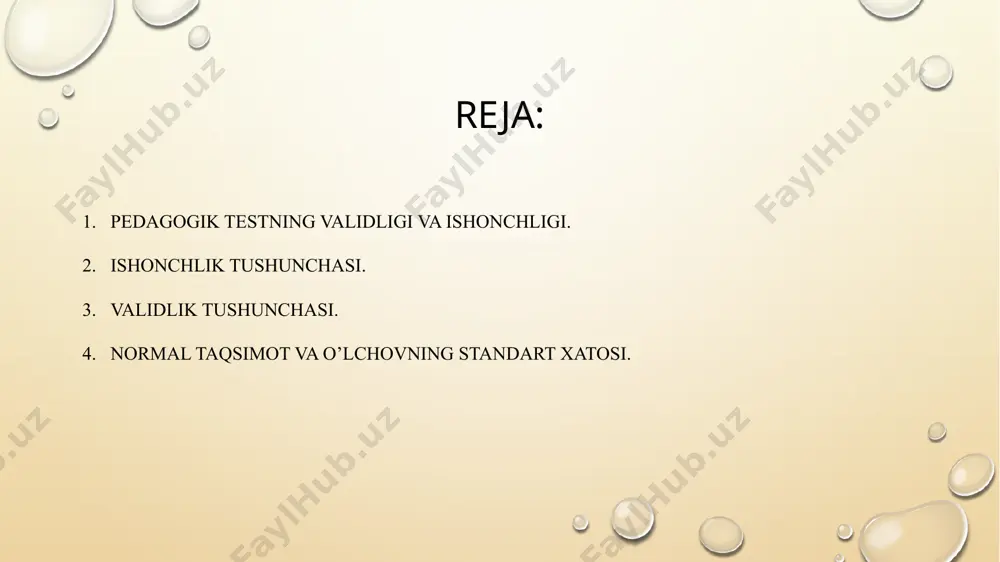 , qobiliyatini yoki ko’nikmasini baholayaptimi? validlik test natijalariga ishonish mumkinligini ko’rsatadi. validlik turlari: mundarija validligi : test topshiriqlari o’quv dasturidagi asosiy mavzular va tushunchalarni qamrab olganligi. konstruktiv validlik : test o’lchayotgan psixologik konstrukt (masalan, tanqidiy fikrlash, muammoni hal qilish) haqiqatga mos kelishi. kriterial validlik : test natijalari boshqa o’lchovlar (masalan, o’qituvchining bahosi, boshqa test natijalari) bilan korrelyatsiya qilinishi. validlikni ta’minlash: test topshiriqlarini o’quv dasturiga muvofiq tuzish. mutaxassislar tomonidan test topshiriqlarini ko’rib chiqish. test natijalarini boshqa o’lchovlar bilan solishtirish. 2. ishonchlilik test natijalarining barqarorligi va izchilligi. agar o’quvchilar bir xil testni qayta topshirsa yoki testning parallel shaklini topshirsa, natijalar bir-biriga yaqin bo’lishi kerak. ishonchlilik turlari: test-qayta test ishonchliligi : bir xil testni bir xil o’quvchilarga ikki marta berish va natijalarni solishtirish. parallel shakllar ishonchliligi: bir xil mavzuni o’lchaydigan ikkita parallel testni berish va natijalarni solishtirish. ichki ishonchlilik: test ichidagi savollarning bir-biriga mos kelishi (cronbach’s alpha, kuder-richardson formula). ishonchlilikni ta’minlash: test topshiriqlarini …