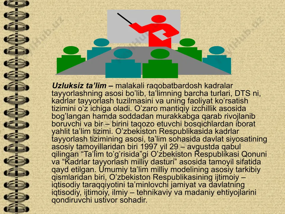 assislar tayyorlash oliy ta’lim jarayonida oliy ma’lumot olinadi. “oliy ma’lumot” tushunchasi esa muayyan ihtisoslikdan nazariy va amaliy vazifalarni hal etish imkoniyatini beradigan bilim va malakalar majmuini ifodalaydi. oliy ta’lim haqidagi hozirgi tushunchalar birinchi marta g’arb mamlakatlarida xv – xvii asrlarda dunyoviy oliy maktablar, keyinroq univesitetlar paydo bo’lishi bilan vujudga keldi. oliy ta’limning dts – ta’limning bakalavriat muayyan yo’nalishi yoki magistratura mutahassisligiga qo’yiladigan malaka talablari, ta’lim mazmuni, bakalavr yoki magistr tayyorgarligining zaruriy va etarli darajasini, kadrlar tayyorlash sifatini baholash darajalarini belgilaydigan etalon daraja. bakalavriat – mutahassisliklar yo’nalishlari bo’yicha fundamental va amaliy bilim beradigan, ta’lim muddati kamida 4 yil bo’lgan tayanch oliy ta’limdir. magistratura – aniq mutahassislik bo’yicha fundamental va amaliy bilim beradigan bakalavriat negizida ta’lim muddati kamida 2 yil davom etadigan oliy ta’limdir. 1992-yil martda viloyatlardagi pedagogika institutlari negizida andijon davlat universiteti, buxoro davlat universiteti, termiz davlat universiteti, urganch davlat universiteti, qarshi davlat universiteti tashkil qilindi. prezidentning 1992-yil fevraldagi farmoni bilan …