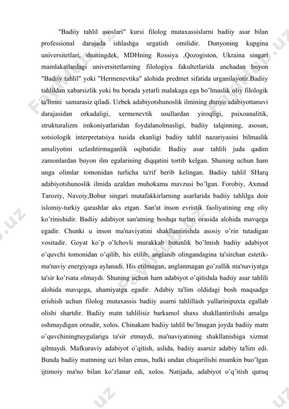 ot o’qitishda badiiy asar tahlili alohida mavqega, ahamiyatga egadir. adabiy ta'lim oldidagi bosh maqsadga erishish uchun filolog mutaxassis badiiy asarni tahlillash yullarinipuxta egallab olishi shartdir. badiiy matn tahlilisiz barkamol shaxs shakllantirilishi amalga oshmaydigan orzudir, xolos. chinakam badiiy tahlil bo’lmagan joyda badiiy matn o’quvchiningtuygulariga ta'sir etmaydi, ma'naviyatining shakllanishiga xizmat qilmaydi. mafkuraviy adabiyot o’qitish, aslida, badiiy asarsiz adabiy ta'lim edi. bunda badiiy matnning uzi bilan emas, balki undan chiqarilishi mumkin buo’lgan ijtimoiy ma'no bilan ko’zlanar edi, xolos. natijada, adabiyot o’q’itish quruq nasihat, yalangoch aqidaparastlik, siyosatshunoslik, jamiyatshunoslikka aylanardi. bu faqat o’zbekiston adabiy ta'limigagina xos xususiyat bulmay, kommunistik mafkura hukmronlik qilgan barcha o’lkalarda ham ahvol shu edi. sovet ittifoqi atalmish bepoyon imperiyaning hamma joyida ham talabalarga yalangoch haqiqatlar, zerikarli aqidalar, sinfiy kurashlar mohiyatiga daxldor umumlashmalar, adiblar hayotiga doir ma'lumotlar singari axborotlarni yetkazish adabiy ta'lim deb qaralar, yoshlar chinakam badiiy so’z ta'mini his qilishdan, adabiy asar matnidan bevosita zavqlanishdan uzib quyilgan edi. jamiyat a'zolarining biror …