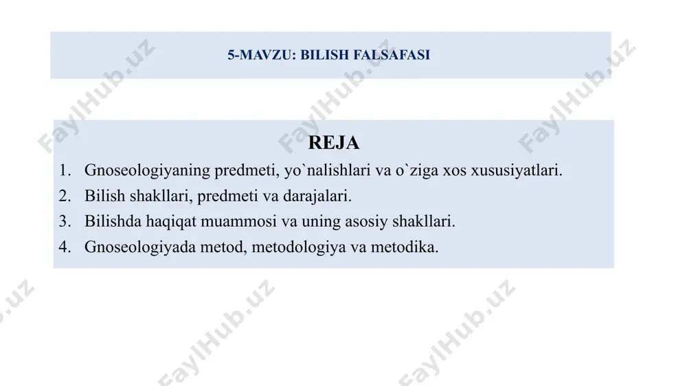 — yevropadagi ma`rifatparvarlik harakati vakillarining falsafiy oqimlaridan biri hisoblanadi. islom dini ilohiyotida abu mansur moturidiy ratsionalizm nuqtai-nazaridan fikr yuritgan. irratsionalizm (lot: irrationalis - aqlga zid, g`ayrishuuriy) - bilish jarayonida aqlning imkoniyatlarini cheklaydigan yoki inkor etadigan falsafiy oqim bo`lib, falsafada ratsionalizmga zid bo`lgan oqimlarni aks ettiradi. dunyoni bilishda inson maʼnaviy hayotining tafakkurdan tashqari tomonlari: iroda, bevosita mushohada, hissiyot, intuitsiya, xayol (fantaziya), instinkt va shu kabilarni birinchi o`ringa qo`yadi. irratsionalistlar fikricha, inson obyektiv voqelikning barcha sir-asrorlarini aql yordamida bilishga qodir emas, voqelik esa qonuniyatlardan xoli, tasodiflarga, ko`r-ko`rona irodaga bo`ysunadi. irratsionalizm yo`nalishiga valyuntarizm, hayot falsafasi, intuitivizm, pragmatizm va ekzistensializm kabi falsafiy oqimlarga xos. 7 sensualizm (lot. sensus - sezgi, his) - bilish nazariyasida sezgilarni bilishning asosiy manbai deb eʼtirof etuvchi yo`nalish. bilishning mohiyatini sezgi organlarining faoliyatiga bog`lab tushuntiradi. sensualizm ratsionalizmga qarama-qarshi bo`lib, hissiy va ratsional bilimlarning o`zaro aloqadorligi, imkoniyatlarini o`zicha talqin etadi. sensualizm vakillari bilimlar odamga tug`ma ravishda berilmagan, u hayotiy tajriba davomida …