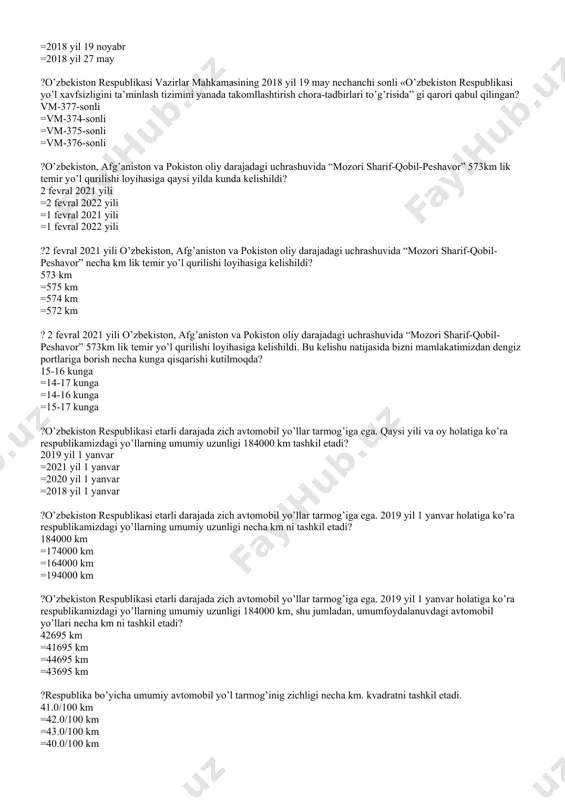 ko’rikdan o’tkazish; harakatni tashkil qilish uchun ishlatiladigan texnik vositalarni tatbiq etish va ishlatish; haydovchilar va piyodalarning yo’l harakati qoidalariga rioya qilishlarini nazorat qilib borish masalalari hal qilinadigan qaysi daraja? muhandis xizmati darajasi =davlat ahamiyatidagi daraja =vazirliklar darajasi =hamma jaboblar to’g’ri ?avtomobil yo’llarida insonlar tomonidan boshqariladigan turli xildagi mexanik va mexanik bo’lmagan transport vositalari, harakatlanayotgan (yoki harakatda bo’lmagan) piyodalar majmuidan iborat murakkab dinamik tizimi nima ataladi? yo’l harakati deb ataladi. yo’l harakati deb ataladi =yo’l harakati qoidalari deb ataladi =yo’l harakatini tashkil etish deb ataladi =yo’l deb ataladi ?yo’l harakatining muammolari va maxsus tomonlari, eng avvalo, qaysi tizimi orqali belgilanadi? «avtomobil-haydovchi-yo’l-piyoda» =«avtomobil-haydovchi-piyoda» =«avtomobil-yo’l-piyoda» =«avtomobil-haydovchi-yo’l» ?avtomobil yo’li qaysi tizimi faoliyatiga o’zining geometrik elementlari o’lchamlari va transport-ekspluatastion sifatining o’zgarishi orqali ta’sir etadi. «a-y-h-p-m» tizimi =«a-y-h-p» tizimi =«a-y-p-m» tizimi =«a-h-p-m» tizimi ?yo’l harakati xavfsizligi, eng avvalo, kimning ishonchliligiga, uning tayyorgarligiga va ishchi qobiliyatiga bog’liq? haydovchining ishonchliligiga =piyodaning ishonchliligiga =yo’lovchining ishonchliligiga =velosipedchining ishonchliligiga ?yo’l harakati …