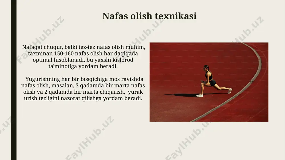 burchak hosil qiladi, bu muvozanatni saqlash va tezkor reaksiyani taʼminlash uchun muhimdir. boshlangʻich pozitsiyasi 400 metrga yugurishda muhim boʻlib, start bloklaridan 1,2-1,5 metr masofada, oyoqlar yelka kengligida, tananing ogʻirlik markazi oldinga biroz siljigan holda joylashishi kerak. oxirgi 100 metr tanani gorizontal holatda ushlab turish va 10-15 graduslik moyillikni saqlash, shuningdek, oxirgi 50 metrda maksimal tezlashtirishga tayyorgarlik ko'rish uchun energiya tejashga yordam beradi. oxirgi 100 metrda tezlikni 2-3 km/soatga oshirish uchun, maksimal kuch bilan 180-200 qadam chastotasini saqlash va har bir qadamni kuchliroq bosish muhim. start bloklaridan chiqish start blokidan chiqish vaqti 0,15-0,20 soniya oraligʻida boʻlishi kerak, bu yuqori darajadagi sportchilar uchun odatiy koʻrsatkich hisoblanadi. start blokidan chiqishda 1-2 qadamni maksimal tezlashtirishga e’tibor qaratib, 45 daraja burchak ostida yugurish kerak, bu tezlikni oshirishga yordam beradi. dastlabki 100 metr dastlabki 100 metrda gorizontal tezlashuvning o'rtacha qiymati 2.5-3.5 m/s² atrofida bo'lib, bu yuguruvchining kuch-quvvat xususiyatlariga bog'liq. dastlabki 100 metrda tezlashishning optimal burchagi taxminan …