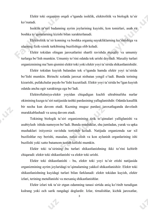 ktr toki ta’sirining bu turlari shikastlanishning ikki to’rini keltirib chiqaradi: elektr toki shikastlanishi va elektr toki urishi. elektr toki shikastlanishi - bu, elektr toki yoyi ta’sir etishi natijasida organizmining ayrim joylaridagi to’qimalarning yakkol shikastlanishiir. elektr toki shikastlanishning kuyidagi turlari bilan farklanadi: elektr tokidan kuyish, elektr izlari, terining metallanishi va mexaniq shikastlanishlar. elektr izlari tok ta’sir etgan odamning tanasi sirtida aniq ko’rinib turadigan kulrang yoki och sarik rangdagi doglardir. izlar, tirnalishlar, kichik jaroxatlar, kesiklar yoki latlar ko’rinishida bo’ladi. terining shikastlangan qismi kadok singari kattiklashib koladi. terining metallanishi - elektr yoyi ta’sirida erigan metall mayda zarralari terining ustki katlamiga kirib kolishidir. bu xodisa, masalan, kiska to’tashuvlarda, kuchlanish ostida bo’lgan ajratgich va rubilniklarni tarmokdan uzayotganda ruy beradi. mexaniq shikastlanishlar odam orqali o’tayotgan tok ta’sirida mushaklarning ixtiyorsiz ravishda keskin tortishib kolishi okibatida yuz beradi. natijada teri, kon tomirlari va asab to’qimalari uzilishi, shuningdek, buginlar chiqishi va xatto suyaklar sinishi mumkin. elektr toki o’rinishi deganda, …