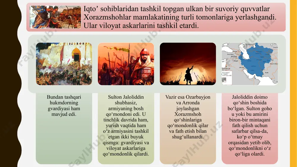 suvoriylar guruhiga qoʻmondonlik qilgan kishilar malik unvoniga ega boʻlar edi. kamdan-kam hollardagina bunday unvonlar past tabaqadan chiqqanlarga berilar edi. masalan, shoh alouddin muhammad davrida sulton tashtdori ayoz “malik” darajasigacha koʻtarildi. oddiy xalq orasidan chiqqan muayyidal mulk qavamiddin ham malik unvonini olgan, buni an-nasaviy “juda qiyin erishilgan yutuq” deb baholagan. qoʻshin iyerarxiyasi va qoʻshin soni xorazmshohlar lashkarlarining qoʻmondoniga qoʼid yoki muqaddam degan unvon berilar va bunga mashhur va eng qobiliyatli amirlar koʻrsatilar edi. masalan, xorazmshoh el-arslon “harbiy qoʻmondon (al- muqaddam al-asokir) qilib, qorluq amirlaridan biri boʻlgan shamsul mulk ibni husayn ayyorbekni tayinladi. shoh unga singlisini uzatdi va oʻz qoʻshiniga qoʻmondon (qaʼid jayshixiy) qilib oldi”. alouddin muhammad i ning hokimiyati vaqtida roy oʻlkasining begi va harbiy qoʻmondon etib shahzoda abul fath yusuf tayinlangan boʻlib, uning unvoni amir isfahsolar edi. oʻlkalarda harbiy qoʻmondonlarga sohib al-jaysh unvoni berilar edi. janglarda alohida oʻzini koʻrsatgan maliklarga xon unvoni berilar edi. xorazm shohlari qoʻshinidagi choparlarga chovush unvoni, …