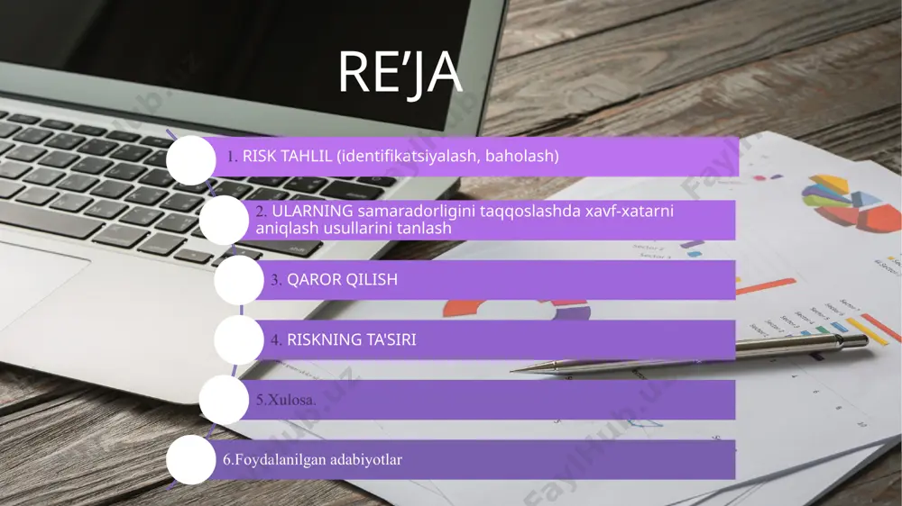 vf-xatarni aniqlash usullarini tanlash 3. qaror qilish 5.xulosa. 6.foydalanilgan adabiyotlar 4. riskning ta'siri risk xususiyatlari miqdori: - ehtimollik (chastota) - oqibatlari - baholashning to'g'riligi amalga oshirish. определение стратегических целей анализ рисков - выявление - идентификация -классификация - качественная оценка - измерение (характеристика) - прогноз - нормирование отчет о рисках принятие решений мероприятия по управлению рисками повторный отчет о рисках мониторинг riskli tahlil xatarlarni identifikatsiya qilish (sifatning tahlili) xavfsizlikni baholash (muvofiq ta'lim) sifatli tahlil xavfsizlik manbalari va sabablarini aniqlash xavfsizlik berilgan boshqarish va ishlarni identifikatsiyalash amaliy foydali va negative konskensiyalarni identifikatsiya muvofiq riskli tahlil boshqa voqealarning birinchi berilishi mumkinligi mumkin bo'lgan zararni o'lchash bu xavfli rivojlanishning bu xususiy xavfida qabul qiling miqdoriy ta'lim usullari statistika ekspert metodi ssenariy xavfni aniqlashning turli usullarining qo'llanishi ishikavaning sabab-ta'sir diagrammasi asosiy "suyaklar" (toifalar) ishikava diagrammasiga ko'rib chiqilayotgan muammo bilan bog'liq bo'lgan chap yo'nalishda qo'llaniladi. avvaliga, mutaxassislar guruhi umumiy toifalarni ko'rib chiqishi mumkin. barcha mumkin bo'lgan …