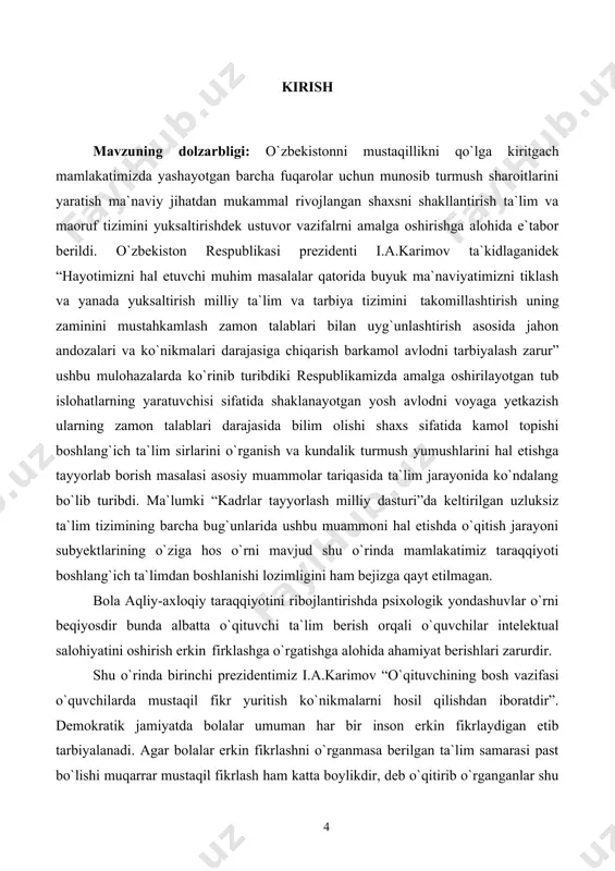 xnologiyalarini bola tominidan o`zlashtirishi va undagi aqliy-axloqiy intelektual qobiliyatlarga nechog`lik ta`sir ko`rsatayotganligini o`rganish ma`naviy barkamollik tamoillarini maktabda va yangi tipdagi ta`lim muassasalarida joriy etish psixologik yo`ndashish o`qitishning eng ilg`or va zamonaviy shakllarini amaliyotga tadbiq etishni taqozo etadi. boshlang`ich ta`lim tizimida o`quvchilarning bilish jarayonlari va aqliy-axloqiy rivojlanishni tarkib toptirishda psixologik yo`ndashuvlarning tadbiq etish ishning bosh maqsadi sifatida gavdalanadi. kurs ishning maqsadi: boshlangich sinf o`quvchilarida aqliy-axloqiy taraqqiyot shakllanishining psixologik xususiyatlarini o`rganish. kurs ishining vazifalari: · tanlangan mavzuga oid adabiyotlarni o`rganish, tahlil qilish psixologik ta'limotlarni umumlashtirish: · boshlangich sinf o`quvchilarining aqliy-axloqiy taraqqiyotida bilish jarayonilarinig ahamiyatini psixologik tahlil qilish. · o`quvchilarning aqliy-axloqiy (intеllеktual) rivojlanishining o`ziga xos psixologik xususiyatlarini aniqlash; · o`quvchilarning aqliy-axloqiy (intеllеktual) rivojlanishining samarali mеtod va vositalarini aniqlash; kurs ishning obyekti: boshlang`ich sinf o`quvchilari. kurs ishning predmeti: boshlang`ich sinf o`quvchilarining aqliy-axloqiy rivojlanish bosqichlarini aqliy-axloqiy rivojlanishiga ta`sir etuvchi omillar, bilish jarayonlarini rivojlantirish usullari. kurs ishning yangiligi: aqliy-axloqiy rivojlanish muammosiga doir nazariy materiallarni o`rganib, bir …