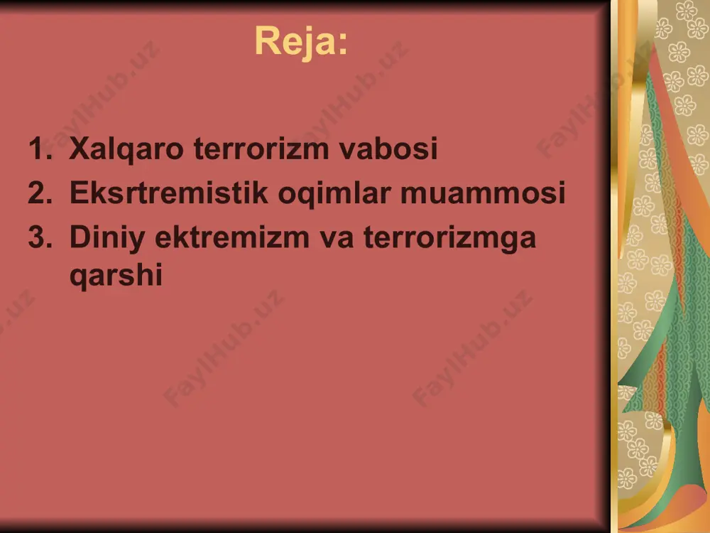 inchi soniyalaridan xalqaro terrorizmning insoniyat va qolaversa, endigina mustaqillikni k´ëga kiritib demoqratik rivojlanish sari kadam k´égan millat va davlatlarning bugungi va kelajagi uchun nechoglik xavfli ekanligini chukur anglab yetdi. keyingi paytda diniy ekstremizmga tayanib ish yuritayotgan xalqaro terorizmga keskin zarba berish milliy xavfsizlik srategiyamizning ustuvor yo’nalishi sifatida xayot – momot manfatlari tizimidan aloxida o’rin egallaganligi xam davlatimizning bu umum planitar azmu - qarorda tutgan o’rnining o’ziga xosligining yakqol isboti bo’lib xizmat qiladi. prezident islom karimov o’zining 2000 yil 22 yanvarь kuni oliy majlisning ikknchi chaqiriq birinchi sessiyasida so’zlagan ma’ruzasida davlatimiz tashqi siyosati va xavfsizlik strategiyasining ustuvorliklarini ta’kidlar ekan, “bugungi kunda bizning barcha tashabbus va say-xarakatlarimiz mintaqalarimizga tajovuskorona xatti-xarakat, diniy esktiremizm, aqidaparastlik va xalqaro terorchiliqning yoyilish xafi kuchayib borayotganligini keng jamoatchiliqka tushuntirishga qaratilmoqda” degan jiddiy fikrni o’rtaga tashladi. xalqaro terorizmning tom ma’noda milliy mustaqillik, davlat suverenligi xamda xar bir mamlakatning, demokratik tarakqiyot yo’lidagi strategik maqsadlariga zid bo’lgan davrning eng salbiy fenomendaridan …