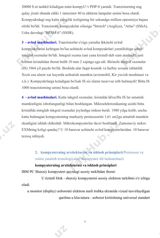 axborotni elektron nurli trubka ekranida vizual tasvirlaydigan qurilma u klaviatura - axborot kiritishning universal standart qurilmasi u tashqi qurilmalar - qo'shimcha moslamalar (printer, skaner, plotter, “sichqoncha” va boshqalar). tizimli blok. ma'ruzaning maqsadi: tizimli blok va uning tashkil etuvchilari haqida ma'lumot berish.aynan tizimli blok kompyuterning eng muhim bloki bo'lgani uchun uni batafsil ko'rib chiqamiz. avval ta'kidlanganidek, tizimli blok kompyuterning asosiy elektron qurilmalarini o'z ichiga oladi. shuning uchun u shk ning eng muhim tashkil etuvchilaridan biri sanaladi.tizimli blokning tarkibi quyidagilardan iborat: 1. tizimli plata;2. diskyurituvchi;3. qattiq disk (vinchestr);4. tok manbai bloki. tizimli plata bu - maxsus materialdan yasalgan plastinada joylashgan mikrosxemalardan iborat bo'lib, ular o'zaro bog'lovchi elektr (tok) o'tkazuvchi yo'llari bilan bog'langan. tizimli plata ehmning eng muhim elementlarini o'zida jamlaydi, chunonchi:u markaziy protsessor;u tezkor xotira mikrosxemalari; u doimiy xotira qurilmasi; u taymer (joylashtirilgan soatlar); u kengaytirish tutashmalari va boshqalar.tizimli plataning eng muhim elementlaridan biri - markaziy protsessoridir. dastur bilan berilgan ma'lumotlarni o'zgartiradigan, …