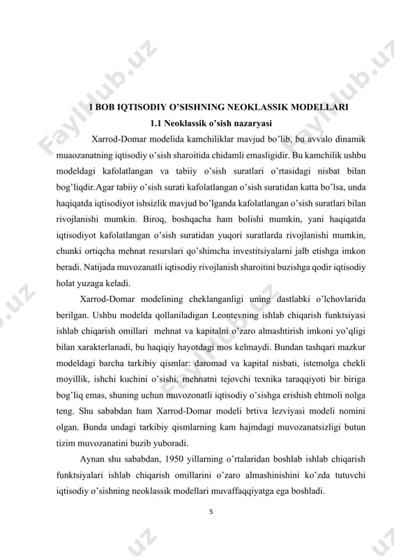 o’sishi, mehnatni tejovchi texnika taraqqiyoti bir biriga bog’liq emas, shuning uchun muvozonatli iqtisodiy o’sishga erishish ehtmoli nolga teng. shu sababdan ham xarrod-domar modeli brtiva lezviyasi modeli nomini olgan. bunda undagi tarkibiy qismlarning kam hajmdagi muvozanatsizligi butun tizim muvozanatini buzib yuboradi. aynan shu sababdan, 1950 yillarning o’rtalaridan boshlab ishlab chiqarish funktsiyalari ishlab chiqarish omillarini o’zaro almashinishini ko’zda tutuvchi iqtisodiy o’sishning neoklassik modellari muvaffaqqiyatga ega boshladi. klassik iqtisodiy o’sish modellarining keynscha modellardan asosiy farqi mehnatning kapital bilan qurollanganlik koeffitsientini tabiatidadir. uzluksiz yoki nouzluksiz variantlarda yozilishi mumkin. kapital bilan qurollanganlik koeffitsienti ishlab chiqarishda band bolgan bir ishlovchiga to’g’ri keladigan asosiy kapital qiymatini korsatadi. agar iqtisodiy o’sishning keynscha modellarida bu koeffitsient o’zgarmas miqdor bolsa, klassik modellarda u iqtisodiy holatga qarab ozgarib turadi. r.solou modelida kobb-duglasning ishlab chiqarish funktsiyasida mehnat va kapital o’zaro almashishi mumkin, omillar bo’yicha elastiklik koeffitsientlari yig’indisi 1 ga teng. birinchi holatdagi y= f (k , l , w) o’zgaruvchi modellari vaqtning …