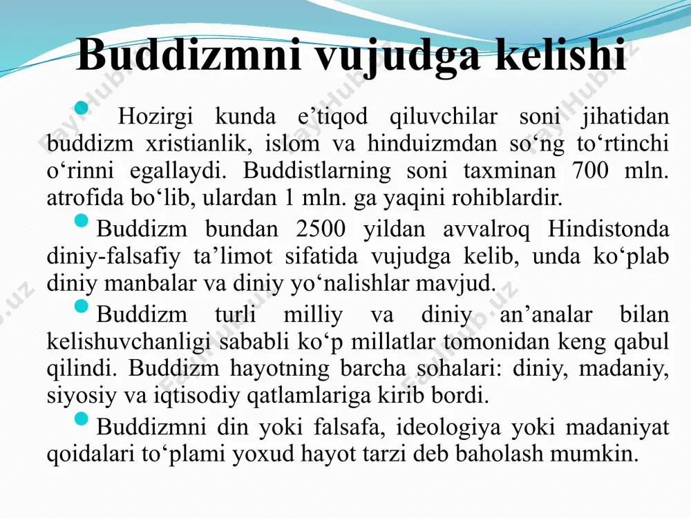 atiladi. rasmiy hisobga ko‘ra, butama-budda mil. av. 623 yilda tug‘ilib, 544 yilda vafot etgan. siddxartxa shakya qabilasining podshohlaridan biri shuddxodananing o‘g‘li edi. uning saroyi ximolay tog‘lari etagida kapilavasti degan shaharda bo‘lgan (hozirgi nepal hududida). onasi – malika mayya. podshoh o‘g‘lini orzu-havaslar og‘ushida tarbiyalab, uni hech bir kamchiliksiz katta qiladi. siddxartxa ulg‘ayib qo‘shni hukmdorlardan birining qizi yashadxaraga uylanadi va o‘g‘il ko‘rib, unga raxula deb ism qo‘yadi. hech bir qiyinchilik va kamchilik ko‘rmay o‘sgan bola siddxartxa bir kuni ittifoqo bir keksa chol, bir bemor hamda og‘ir mashaqqat tortayotgan rohibni uchratadi, bir kishining esa vafotiga guvoh bo‘ladi. bundan qattiq ta’sirlagan shahzoda insoniyatni qiyinchilik va azobdan qutqarish yo‘llarini izlash uchun saroyni tashlab ketadi. bu vaqtda u 30 yoshda edi. u beshta rohib bilan qishloqma-qishloq kezib yuradi. shu asnoda siddxartxa bir narsaga amin bo‘ldi: bu yo‘l uni o‘z oldiga qo‘ygan maqsad, ya’ni insoniyatni azob-uqubatdan qutqarish sari olib bormaydi va u rohiblar jamoasidan ajraladi. birmuncha vaqt …