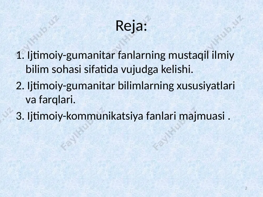 r hisoblanadi, chunki ular murakkabroq ob'ektni - jamiyatni o'rganadi, ular tabiiy fanlarga qaraganda yuqori maqomga ega fanlar deb e'lon qilinadi va shuning uchun aniq usullarni qo'llashi kerak. 7 murakkabroq fanlar 8 shunday qilib, keling, dastlabki xulosa chiqaramiz: 1. gumanitar (sinonimi — ijtimoiy) fanlar jamiyat hayotining turli sohalarini oʻrganuvchi fanlar deb atala boshlandi, inson ma'naviy faoliyatining mahsuli. ijtimoiy va gumanitar fanlarning rivojlanish jarayonida ijtimoiy fanlar jamiyat sohalari haqidagi fanlar, gumanitar fanlar esa insonning ma'naviy faoliyati haqidagi fanlar hisoblana boshladi. 9 2. ijtimoiy-gumanitar fanlarning vujudga kelishi umuman fanning shakllanishini yakunlashni, dunyoning barcha sohalarida: tabiat, jamiyat va ilmiy tadqiqotlarni qamrab olishni anglatardi. ruh. 3. ijtimoiy va gumanitar fanlar jamiyat hayotining o'ziga xos bo'lgan turli sohalarini o'rganish maqsadida paydo bo'ldi vazifalar va nisbatan mustaqil va avtonom tarzda mavjud edi bir-biridan. ular ma'lum bir ijtimoiy davrni aks ettiruvchi matnlarni o'rganish maqsadini ham ko'zlaganlar. 10 4 . ijtimoiy fanlar jamiyat hayotining turli sohalarini oʻrganishga kirishdi (masalan, …