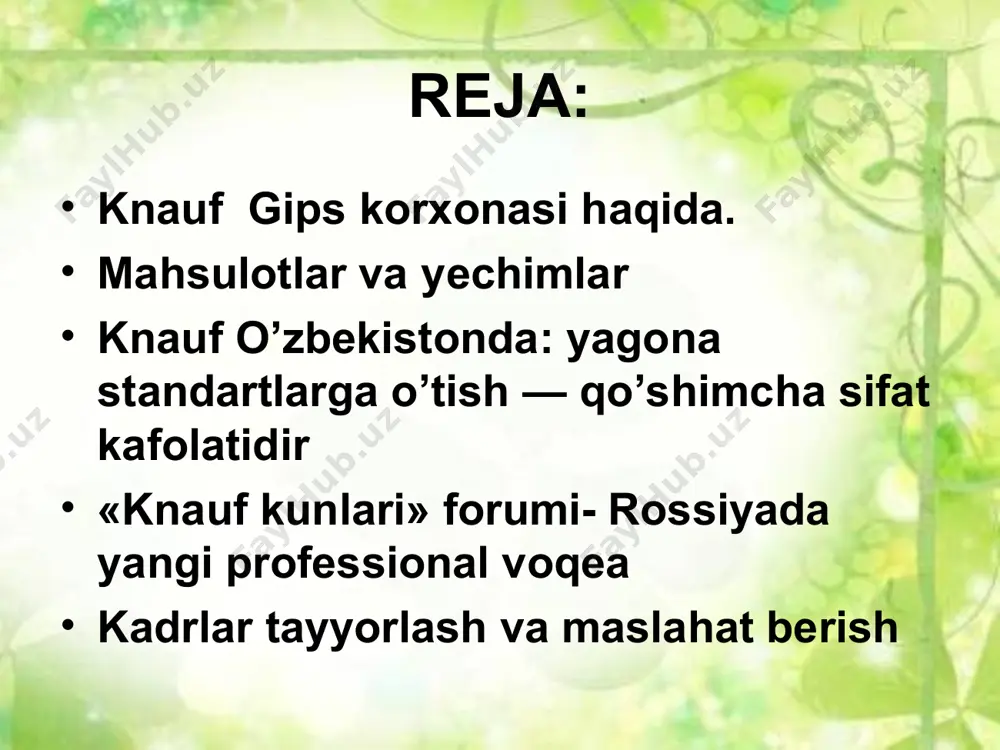 f guruhining birinchi yirik investitsion loyihasi sp oao “buxorogips” korxonasidagi gipsli quruq qurilish aralashmalarini ishlab chiqarishdan boshlagan. knaufning oaj “buxorogips” xalqaro guruhining gipsli va nomi ulug` zavodlar, shu bilan birga mramorli, gipsli grafitli va nomi ulug` karerlarni sotib olish mobaynida bu majmua kasodning so’nggi pallasida turgan edi. ishlab chiqarishning oldingi rentabelini tiklash maqsadida o’zbekiston respublikasi hukumati tomonidan korxona zamonaviy texnologiyalarni texnik sotish va sotib olish bo’yicha davlat aktsiyalar paketini qo’lga kiritish bo’yicha ochiq xalqaro konkursini e’lon qiladi. ishlab chiqarish quvvatiga ega bo’lgan kompaniya barcha davlatlardagi knauf firmasining mavqeini hisobga olgan holda va shu bilan birga qurilish materiallari bozorida oldinda yuruvchilar qatorida tendor komsissiyasi faqat knauf firmasini g`olib deb tayinladi va ularga tekshiruv paket aktsiyasi sotildi. akstionerlarning umumiy yig`ilishdagi qarori bilan 21 yanvar 2006 yilda oaj “buxorgips” ochiq akstionerlik jamiyatning firmasi “buxoro gips” o’zbek-germaniya birlashgan korxonasi deb o’zgartirildi. knauf ishchilari oldidagi qarzini va ichki kreditor qarzlarini to’ladi hamda ishlab chiqarishni yangilash …