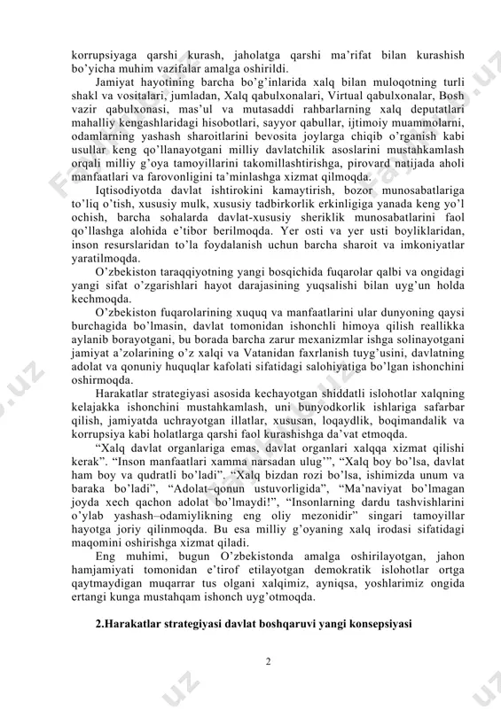 arkaziy osiyo mintaqasidagi vaziyat, rivojlanish tendensiyalari, istiqboldagi taraqqiyot yo’llari chuqur tahlil etilgan. o’zbekistonda ayni shu asosda inson huquq va erkinliklarini ta’minlash, jamiyat hayotining barcha sohalarini yanada liberallashtirish borasida keng ko’lamli islohotlar amalga oshirilmoqda. xalq davlat hokimiyatining birdan-bir manbai ekani haqidagi konstitusiyaviy tamoyil asosida xalq bilan muloqot davlat siyosati darajasiga ko’tarildi. mamlakatni innovasion rivojlantirish, odamlarda faol fuqaroliq pozisiyasi va tashabbuskorlikni kuchaytirish, mustaqil dunyoqarash va fikrlash ko’nikmasini shakllantirish, jamiyatda adolat ustuvorligini ta’minlash, xuquqiy-demokratik davlat asoslarini mustahkamlash, korrupsiyaga qarshi kurash, jaholatga qarshi ma’rifat bilan kurashish bo’yicha muhim vazifalar amalga oshirildi. jamiyat hayotining barcha bo’g’inlarida xalq bilan muloqotning turli shakl va vositalari, jumladan, xalq qabulxonalari, virtual qabulxonalar, bosh vazir qabulxonasi, mas’ul va mutasaddi rahbarlarning xalq deputatlari mahalliy kengashlaridagi hisobotlari, sayyor qabullar, ijtimoiy muammolarni, odamlarning yashash sharoitlarini bevosita joylarga chiqib o’rganish kabi usullar keng qo’llanayotgani milliy davlatchilik asoslarini mustahkamlash orqali milliy g’oya tamoyillarini takomillashtirishga, pirovard natijada aholi manfaatlari va farovonligini ta’minlashga xizmat qilmoqda. iqtisodiyotda davlat …