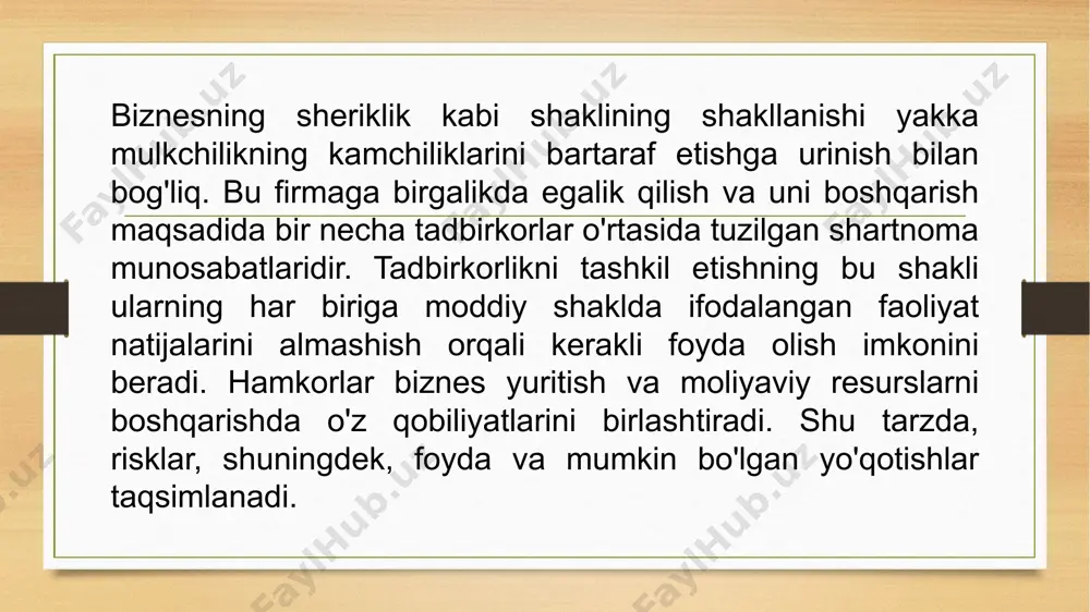 atiga erishish. hamkorlikning asosiy kamchiliklari barcha ijobiy imkoniyatlar bilan birga, biznes sherikliklari ham ma'lum kamchiliklarga ega. ular, birinchi navbatda, hokimiyat taqsimoti muammosi va ishtirokchilar qarashlarining mos kelmasligi bilan bog'liq. mos kelmaydigan siyosat har ikki tomon uchun ham qaytarilmas, salbiy natijalarga aylanishi mumkin. muzokaralar biznesni boshqarish tuzilmasini shakllantirishda ham qiyinchiliklar paydo bo'lishi mumkin. yana bir salbiy nuqta - hamkorlikning oldindan aytib bo'lmaydiganligi. a'zolardan birining o'limi, sheriklikdan chiqish kabi omillar kompaniyaning qayta tashkil etilishi yoki uning to'liq qulashiga olib kelishi mumkin. hamkorlikning asosiy kamchiliklari barcha ijobiy imkoniyatlar bilan birga, biznes sherikliklari ham ma'lum kamchiliklarga ega. ular, birinchi navbatda, hokimiyat taqsimoti muammosi va ishtirokchilar qarashlarining mos kelmasligi bilan bog'liq. mos kelmaydigan siyosat har ikki tomon uchun ham qaytarilmas, salbiy natijalarga aylanishi mumkin. biznesni boshqarish tuzilmasini shakllantirishda ham qiyinchiliklar paydo bo'lishi mumkin. yana bir salbiy nuqta - hamkorlikning oldindan aytib bo'lmaydiganligi. a'zolardan birining o'limi, sheriklikdan chiqish kabi omillar kompaniyaning qayta tashkil etilishi yoki uning …
