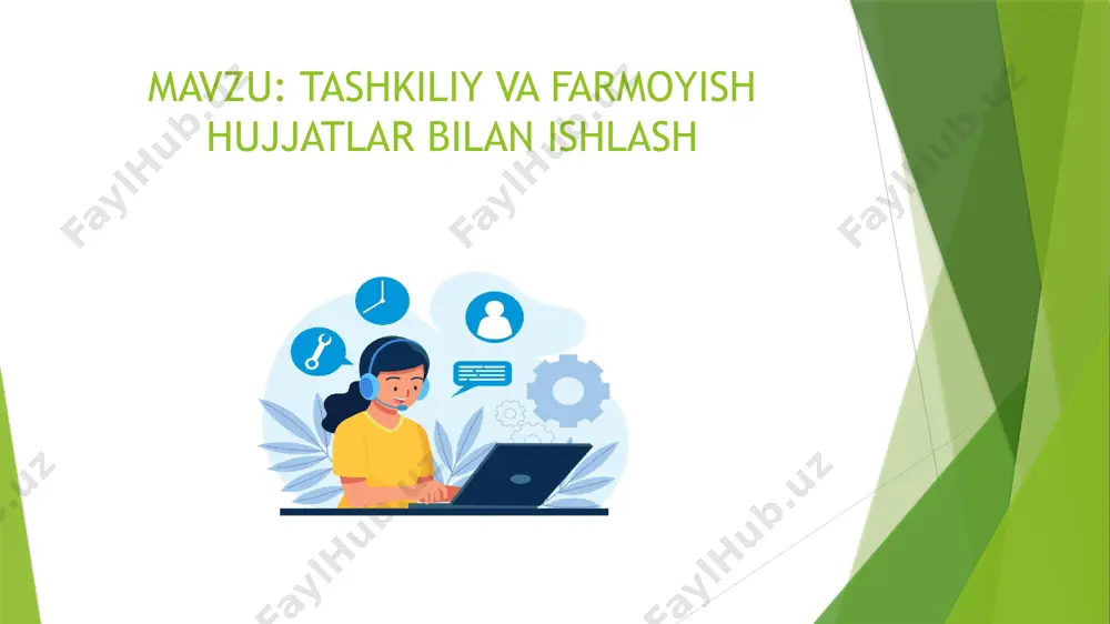 normalarni belgilashga, o’zgartirishga yoki bekor qilishga qaratilgan hujjatlari normativ-huquqiy hujjat hisoblanadi hamda farmon va qaror shaklida qabul qilinadi. jamiyat hayotining alohida sohalarini isloh qilish yoki davlat ijtimoiy-iqtisodiy siyosatining ustuvor yo’nalishlarini belgilash, davlat organlarini tashkil etish yoki tugatishga qaratilgan muhim hujatlari qaror shaklida qabul qilinadi. o’zbekiston respublikasi prezidentining tezkor va boshqa joriy masalalar bo’yicha hujjatlari farmoyish shaklida qabul qilinadi. normativ-huqiqiy bo’lmagan hujjatlar (kadr, fuqarolik, afv etish, siyosiy boshpana berish, davlat mukofotlari bilan taqdirlash hamda harbiy va maxsus unvonlarni berish, individual xarakterdagi masalalar va hokazo) ham prezident farmonlari, qarorlari va farmoyishlari shaklida qabul qilinishi mumkin. farmoyishda bevosita ijrochilarga ko’rsatma beriladi. farmoyishda operatsiyalar amalga oshirilgani haqidagi fakt ko’rsatilmaydi va hisob-kitob yozuvlari uchun asos bo’lmaydi. ichki mehnat tartiboti qoidalari, mukofotlash nizomi va shu kabilarni tasdiqlash bilan bog‘liq me’yoriy buyruqlar ham asosiy faoliyatga oid buyruqlar sirasiga kiradi. bunday buyruqlar umumiy tarzda bo‘lib, muayyan bir shaxsga emas, balki butun jamoaga qaratiladi. buyruqning asosiy zaruriy qismlari: 1. …
