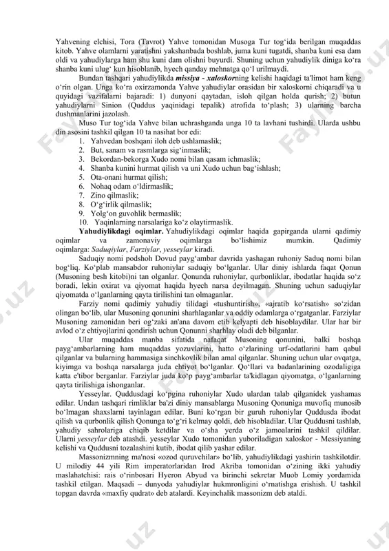 eyingi davrlarda rivojlangan. bu davrda qurbonlik qilish keng rasm bo'lib hatto majburiy marosimlardan biri hisoblanar edi. xudolar yo'lida meva-cheva, noz-ne'matlardan tortib, uy hayvonlarining barcha turlarigacha, qadim zamonlarda esa hatto odamlar ham qurbon qilinar edi. milliy dinlar rivojlanishining so’nggi davrlariga kelib odamlar o'rniga hayvonlar qqurbon qilina boshlangan. shu bilan birga oxirat haqidagi tasavvurlar keng targ'ib qilinardi. milliy dinlar elat-millat dinlari deb ham yuritiladi. chunki ular urug'-qabila dinlaridan farqli ravishda sinfiy jamiyat qaror topishi va shakllanishi davrida vujudga kelgan va rivojlangan. binobarin, ular avvalo elatning, so’ngra millatning shakllanishini uzlarida aks ettirgan. milliy dinlarda tasavvur qilingan xudolar milliy xudolar hisoblanib, ibodat-marosimlar asosan muayyan elat yoki millatnikigagina mos tushar edi. binobarin, bu xildagi qadimgi dinlar milliy davlat xarakterida bo'lishi bilan boshqa din shakllaridan ajralib turgan. eng sunggi davrning milliy dinlariga quyidagilar kiradi: yahudiylik (iudaizm) (hinduizm, sikxizm, daosizm, konfutsiychilik, sintoizm). yahudiylik- yahudiylik dini eramizdan avvalgi 2000 yillarning oxirlarida falastinda vujudga kelib, yakkaxudolik g‘oyasini targ‘ib qilgan …