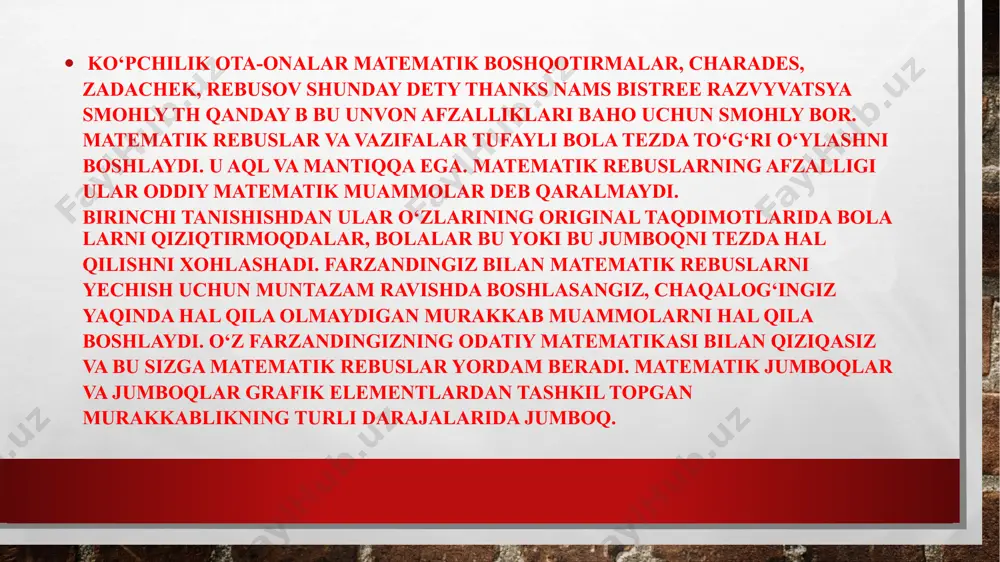rda harflar ta’kidlangan. bu juda oson. siz rasmdagi so‘zni taxmin qilasiz va undagi harflarni ajratib oling. rasmda chizilgan raqamlar bo‘lsa, unda siz seriya raqamiga mos keladigan harflarni olib tashlashingiz kerak. agar pastki chizilgan rasmning yaqinida raqamlar va harflar bo‘lsa, unda siz faqatgina ma’lumotlar xatlarini qoldirib ketishingiz kerak. agar rasmga arziydi b = p, keyin siz «p» harfi bilan «p» harfi bilan almashtirishingiz kerak. agar bu tenglikni 2 = 0 ko‘rsangiz, so‘zda ikkinchi harfni "o" bilan almashtiring. rasmda, masalan, birinchi harfdan uchinchigacha o‘q bo‘lishi mumkin, shunda ular faqat bir-birlari bilan almashtirilishi kerak. bunday suratlar mavjud invert holatida tasvirlangan. keyin so‘zni oxiridan o‘qing.u erda matematik rebuslar mavjud fraksiyon. ular osongina shifrlanib qoladi: siz "old" so‘zini kiritishingiz kerak. agar denominatorda "2" bo‘lsa, bu "qavat" degan ma’noni anglatadi. ba’zi holatlarda, siz xatning ichki qismida hece yoki harf borligini sezishingiz mumkin. masalan, "o" harfida "ha" bo‘lsa, bu rasm "suv" degan ma’noni anglatadi. murakkab bulmacalar yoki …
