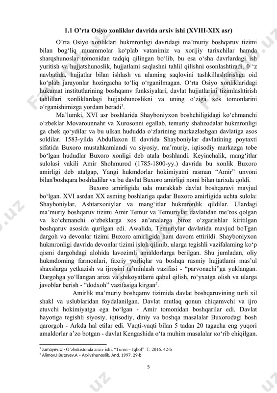 illar asosida amalga oshirilgan; 3) faqat amir muhri bilan imzolangan. har bir yorliqni berilishiga munshiy foydasiga 3,5 tilla, inoqqa - 5 tilla va parvonachiga - 7 tilladan badallik to‘lovijoriy qilingan edi. hokimiyat tizimida amaldorlar katta mavqega ega edilar. amaldorlar ichida otaliq - shahzoda va xonzodalarning tarbiyachisi mansabi eng asosiy lavozimlardan biri hisoblangan. xvii asr hujjatlarida otaliq - birinchi vazir sifatida tilga olinib, u mamlakatdagi sug‘orish ishlarini boshqargan[footnoteref:3]. otaliqdan so‘ng, ikkinchi mansabdor - devonbegi (devonbegi-kalon) bo‘lgan. sharqshunoslaming ma’lumotlariga ko'ra, u bir vaqtda devonxona mahkamasi boshlig‘i va moliyaviy ishlar bo‘yicha vazir lavozimlarida faoliyat ko‘rsatgan. devonbegi mamlakatdagi xiroj yig‘imlarini nazorat qilgan. viloyat va tumanlardan ma’lum bir xiroj summasi о‘miga natural shaklida to‘lanadigan bug‘doy uchun maxsus chek yoki berat rasmiylashtirilib, devonbegi va amir muhri bilan tasdiqlangan. 0‘z navbatida devonbegi hisob-kitoblar daftarini yuritishga ham mas’ul edi. ushbu daftardagi kirim-chiqim hisobotlari amirlikda sir tutilgan va maxfiy saqlangan. devonbegi amirlik hokimiyat tizimidagi to‘rtinchi pog‘onada turuvchi - “ahli …