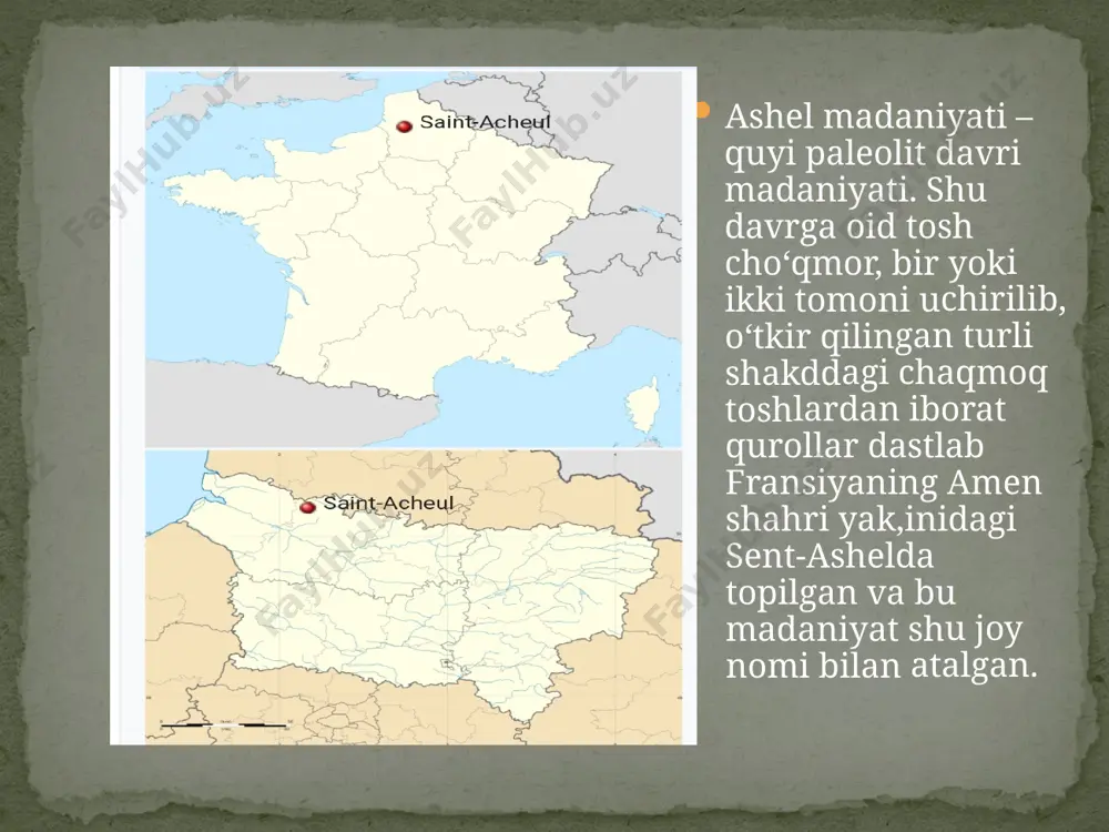 chashma suvi yaqin, ovchilik va terimchillikka qulay g‘orlarda yashaganlar. olduvay davri makonlari ko‘ra, ashel davri makonlari ko‘proq uchraydi. bu odamlarning u davrga nisbatan ko‘paya boshlaganidan darak beradi. o‘zbekiston hududida ashel davrida yoz issiq, quruq, qish esa sovuq bo‘lib, yog‘ingarchilik kam bo‘lgan. shu davrda havo issiq, geografik muhit mo‘tadil bo‘lgan. ashel davri oxiriga kelib havo keskin ravishda sovugan, chunki muzlik davri boshlangan. bu davrda yevropa hududini muzlik qoplagan, tropik o‘lkalarda esa yomg‘ir davri boshlangan. o‘rta osiyoning tog‘li zonalarida muzliklar hosil bo‘lgan. pasttekisliklarda esa yomg‘irlar uzluksiz yog‘ib, ko‘l va daryolar hosil bo‘ldi. havo goh sovub, goh iliq bo‘lib turgan. xuddi shu davrda insonlar olov xususiyatlarini o‘rganib olib, olovdan foydalana boshlaganlar, bu miloddan 600––500 ming yil muqaddam sodir bo‘lgan. olduvay va ashel davri qurollari: 1-2-chopperlar, 3-sferoid, 4-5-kliverlar, 6-7-cho’qmor ashel davri cho’qmori. armanistondagi satani-dar g’oridan topilgan ko'pincha acheulean (replika)da uchraydigan kordiform ikki yuzli. image3.jpeg image4.jpeg image5.jpeg image6.jpeg image7.jpeg image8.png image9.jpeg image10.png image11.jpeg