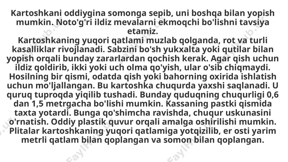 i ventslar qafas darajasida joylashtiriladi. bu holda, ular ildiz mevalar bilan to'ldirilgan emas. qishda qasrda kartoshkani saqlashning bunday usulidan foydalanadigan har bir kishi, ildiz hosilining -15 darajaga etgan haroratlarda ham muzlashmaydi, deb aytadi. haroratni saqlash shartlari odatda, bizning kvartira yoki podvalda yotgan ildizlar tirik organizmlardan boshqa narsa emas deb o'ylamaymiz. saqlash vaqtida, ular "nafas olish" paytida namlik bug'lanib ketgandek qurib ketishi mumkin. shu bilan birga, kraxmal iste'mol qilinadi va shakarga aylantiriladi va bu o'z navbatida suv va karbonat angidridni chiqaradi. o'simlik go'ngining o'simlikka kirishi va undan hosil bo'lgan elementlarning ozodligi yasmiq (terida kichik teshiklar) shakllanadi. kartoshka saqlanadigan haroratning qanchalik yuqori bo'lishini esdan chiqarmaslik kerak, "nafas olish" jarayoni qanchalik zichroq. shuning uchun, issiqlik ildiz tez zaif bo'ladi. kartoshkani qanday haroratda saqlash kerak? ikki-uch gradus o'rtasida bo'lishi kerak. eng yaxshi namlik namligi - 85-90%. salbiy harorat ildizlarni ta'sir qiladi. nolga kraxmalni shakarga aylantirish jarayoni boshlanadi. shuning uchun kartoshkadan tayyorlangan idishlar noxush, shaffof …