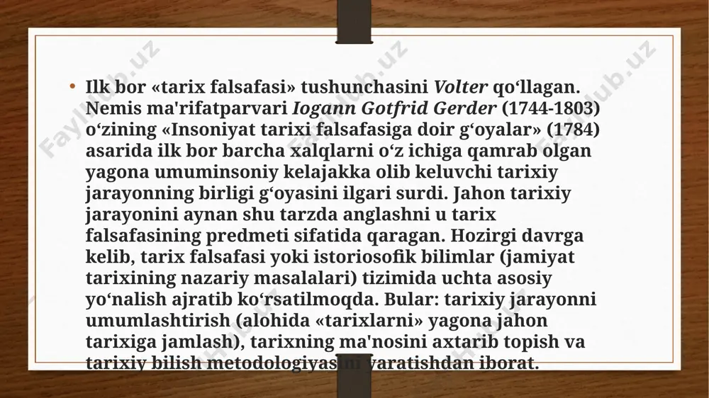 an. shunday qilib, garchi shtumerlar gerder nazariyasini o’zlarining badiiy amaliyotlari to’ldirishsa-da, gerder ‘shturm va drang’ ning asosiy ilhomi hisoblandi. gerder shekspir va auszug aus einem briefwechsel uber ossian und die lieder alter volker haqida 1773-yilda manifestda gyote va yustus moserning hissalari biloan nashr etilgan (ossianva qadimgi xalqlar qo’shiqlari haqidagi yozishmalarda) muhim maqola yozgan. gerder shunday yozgan edi : “shoir o’z atrofidagi xalqning yaratuvchisidir, u ularga ko’rish uchun dunyo beradi va ularni o’sha dunyoga yetaklash uchun ularning ruhi qo’lida bo’ladi” e’tiboringiz uchun rahmat ! image5.png image6.png image7.jpeg image8.jpeg image9.jpeg image10.jpg image11.jpeg image12.jpg image13.jpeg image3.png image4.png /docprops/thumbnail.jpeg