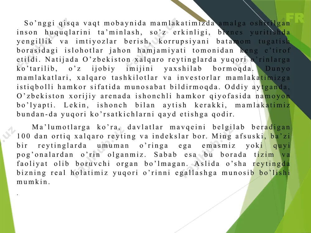 g beshta ustuvor yo’nalishi bo’yicha harakatlar strategiyasida belgilangan vazifalarni amalga oshirish maqsadida respublika kengashi tashkil etilgan. mazkur kengashning asosiy vazifalari: 2. 1. 3. 4 mamlakatning ijtimoiy-iqtisodiy va siyosiy-huquqiy taraqqiyot darajasini tizimli tahlil qilib borish, turli sohalarda amalga oshirilayotgan tub o’zgarishlarning o’zbekiston respublikasi uchun ustuvor bo’lgan xalqaro reyting va indekslarda mamlakatning o’rnini yaxshilash maqsadlariga xizmat qilishini ta’minlash, mazkur yo’nalishdagi ishlarning samaradorligiga to’siq bo’layotgan muammolarni bartaraf etish; o’zbekiston respublikasi uchun ustuvor bo’lgan xalqaro reyting va indekslarda mamlakatning o’rnini yaxshilash maqsadida davlat hokimiyati va boshqaruvi tizimini takomillashtirish, jamiyatni demokratlashtirish, ilg’or xalqaro tajribaga asoslangan davlat va jamiyat qurilishi sohasidagi islohotlarni amalga oshirish bo’yicha tashabbuslarni ilgari surish; davlat va jamiyat hayotining turli jabhalarini tartibga solishga qaratilgan normativ-huquqiy hujjatlar va ularning loyihalarini o’zbekiston respublikasi uchun ustuvor bo’lgan xalqaro reyting va indekslardagi mamlakatning o’rniga ta’siri nuqtai nazaridan kompleks baholab borish. bugungi kunda mamlakat imiji masalasida qator ishlar amalga oshirilayotganini quyidagi parametrlar bilan dalillashtirish mumkin: siyosiy xavflarning iqtisodiyot, …